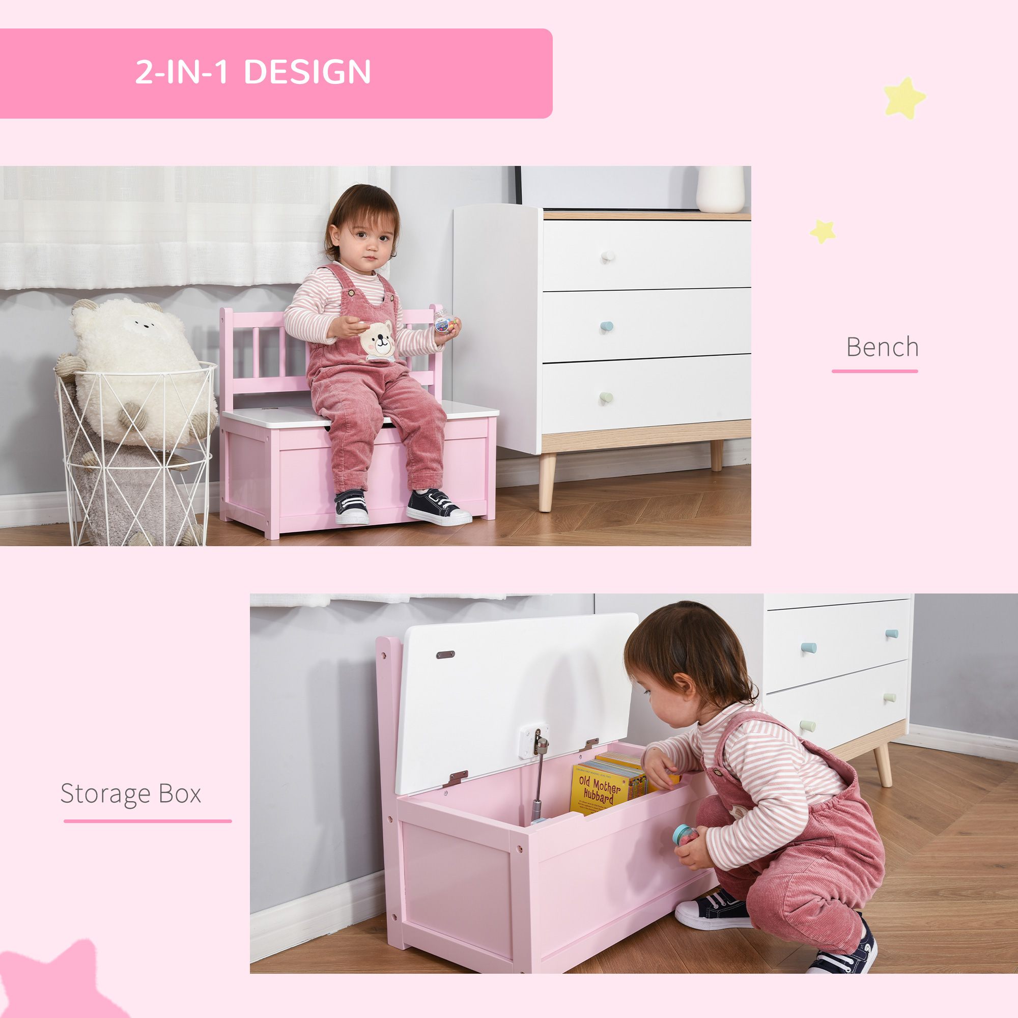 Qaba 2-in-1 Kids Storage Bench and Toy Box with Safety Pneumatic Rod, Space-Saving Wooden Seat Chest for Children's Room, Pink | Aosom.com 3