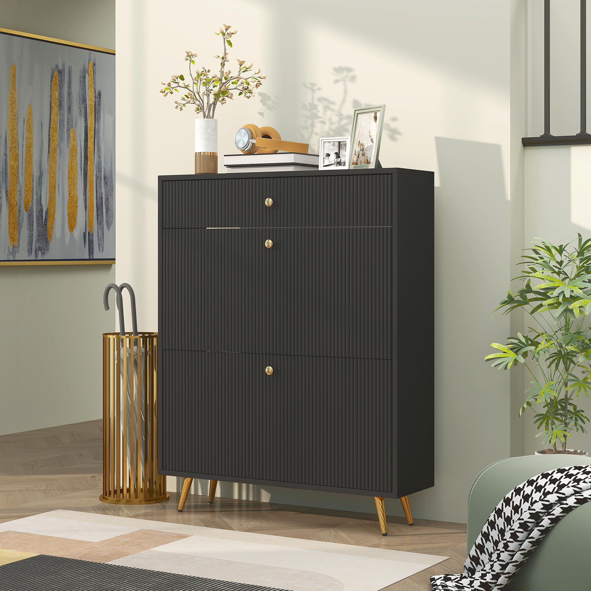 HOMCOM Narrow Shoe Storage Cabinet with Wave-like Panels and Adjustable Shelves for 12 Pairs of Shoes, Black Aosom Canada