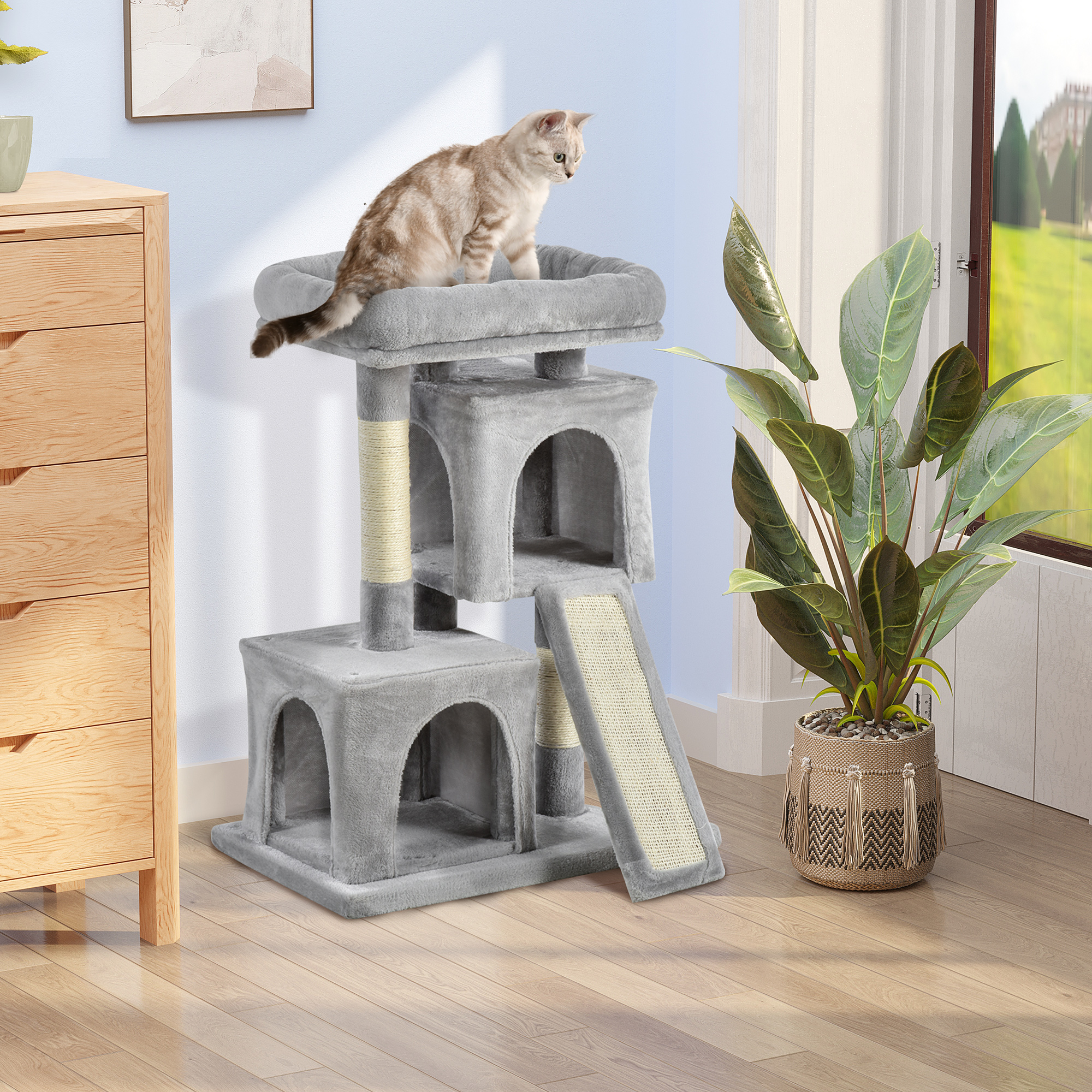 PawHut 3PC Plush Cat Tower: Sisal Scratching Post, Board Perch & Condo, Light Grey, Kitty Furniture Aosom Canada