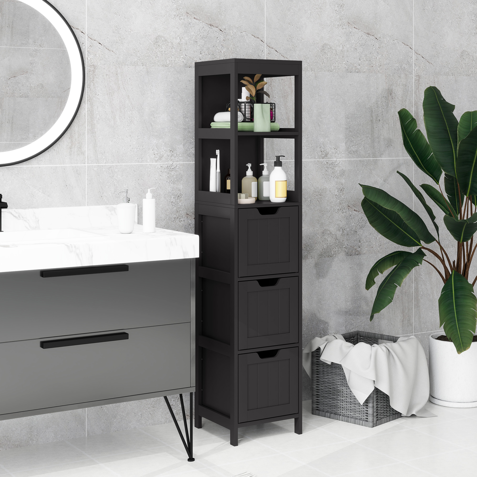 kleankin Narrow Bathroom Cabinet with 3 Drawers and 2 Tier Shelf