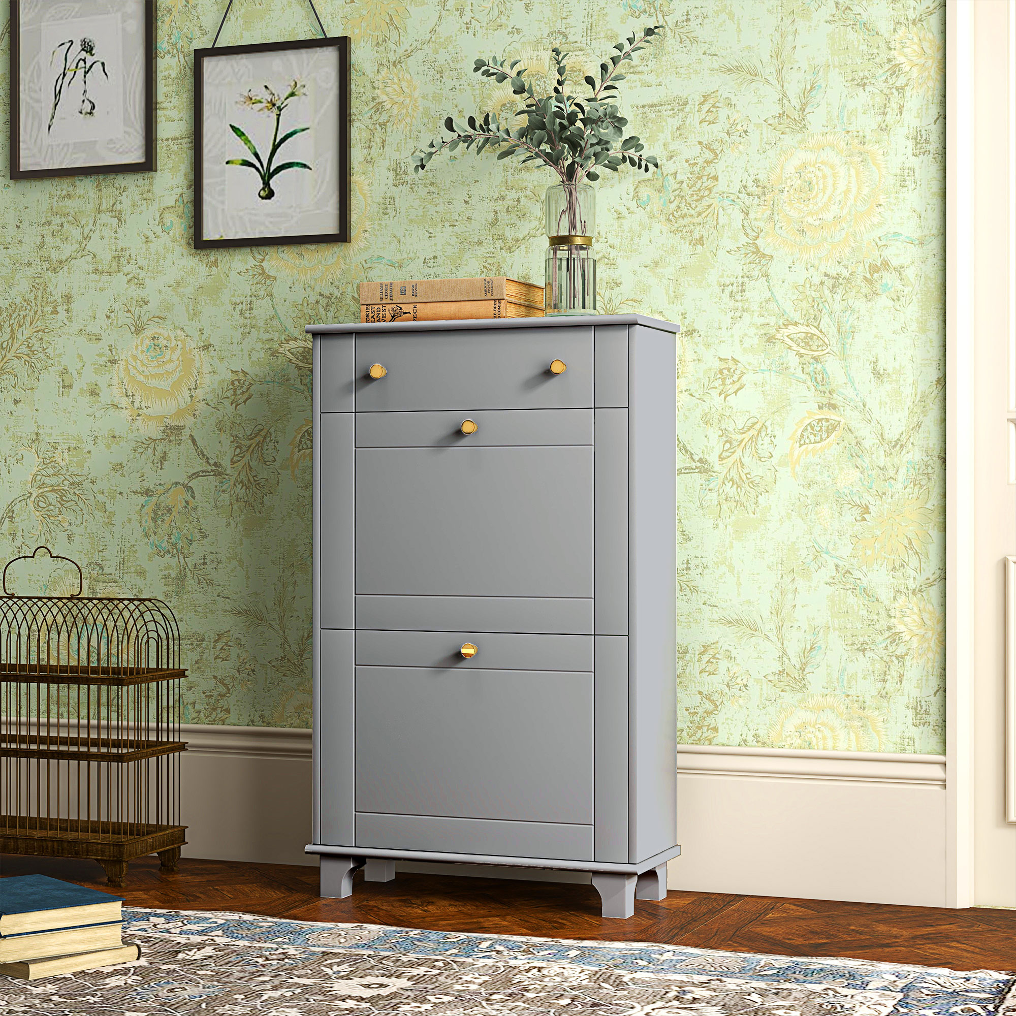 HOMCOM Slim Shoe Storage with 2 Flip Drawers and Adjustable Shelves Shoe Cabinet Organizer for 8 Pair, Grey Aosom Canada