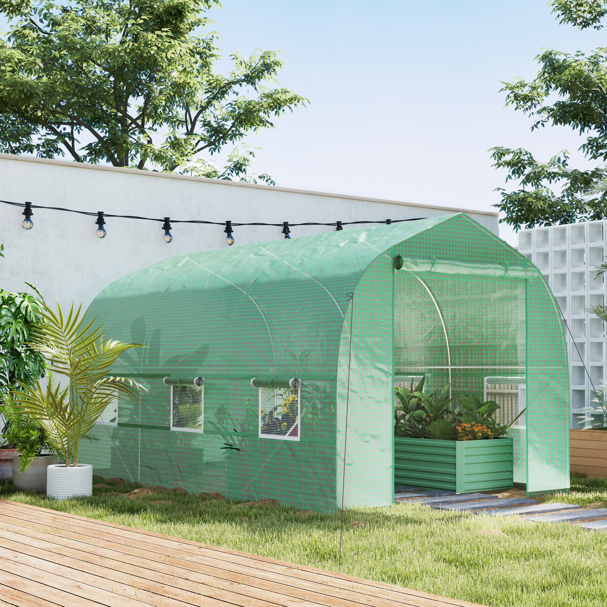 Outsunny 6.6' x 11' x 7' Walk-in Greenhouse Outdoor Plant Tunnel Warm Hot House w/ Roll Up Door and 6 Mesh Windows, Steel Frame, Green Aosom Canada
