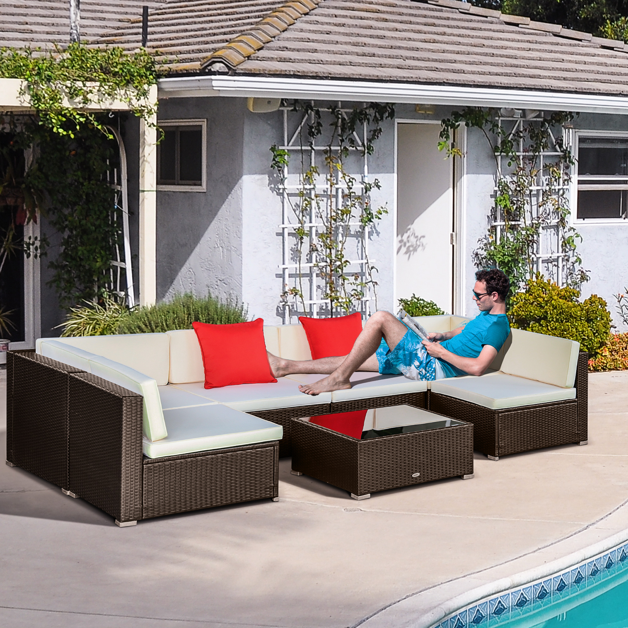 Outsunny 7 Pieces Rattan Outdoor Conversation Set Beige | Aosom Canada