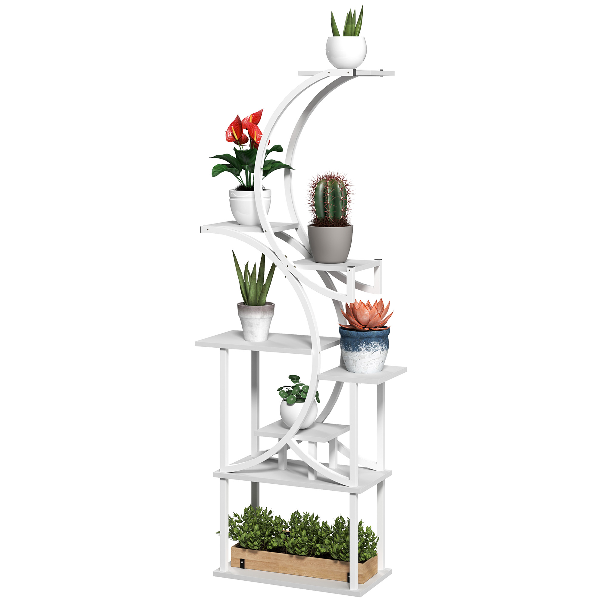 Outsunny Plant Stand Indoor, 8 Tier 62" S-Shaped Plant Shelf, Corner Plant Rack for Multiple Plants, White