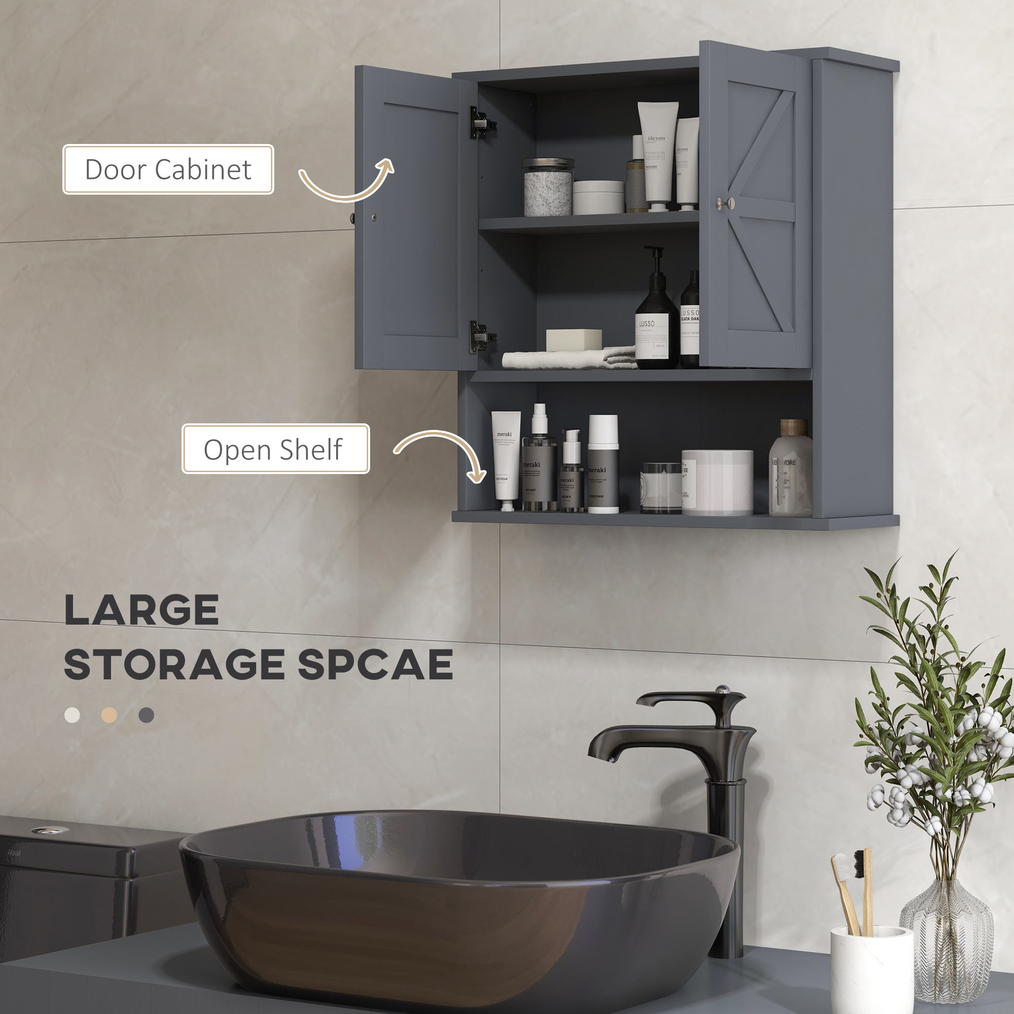 kleankin Farmhouse Bathroom Medicine Cabinet, Wall Cabinet with Barn Doors and Adjustable Shelf for Laundry Room, Gray 2