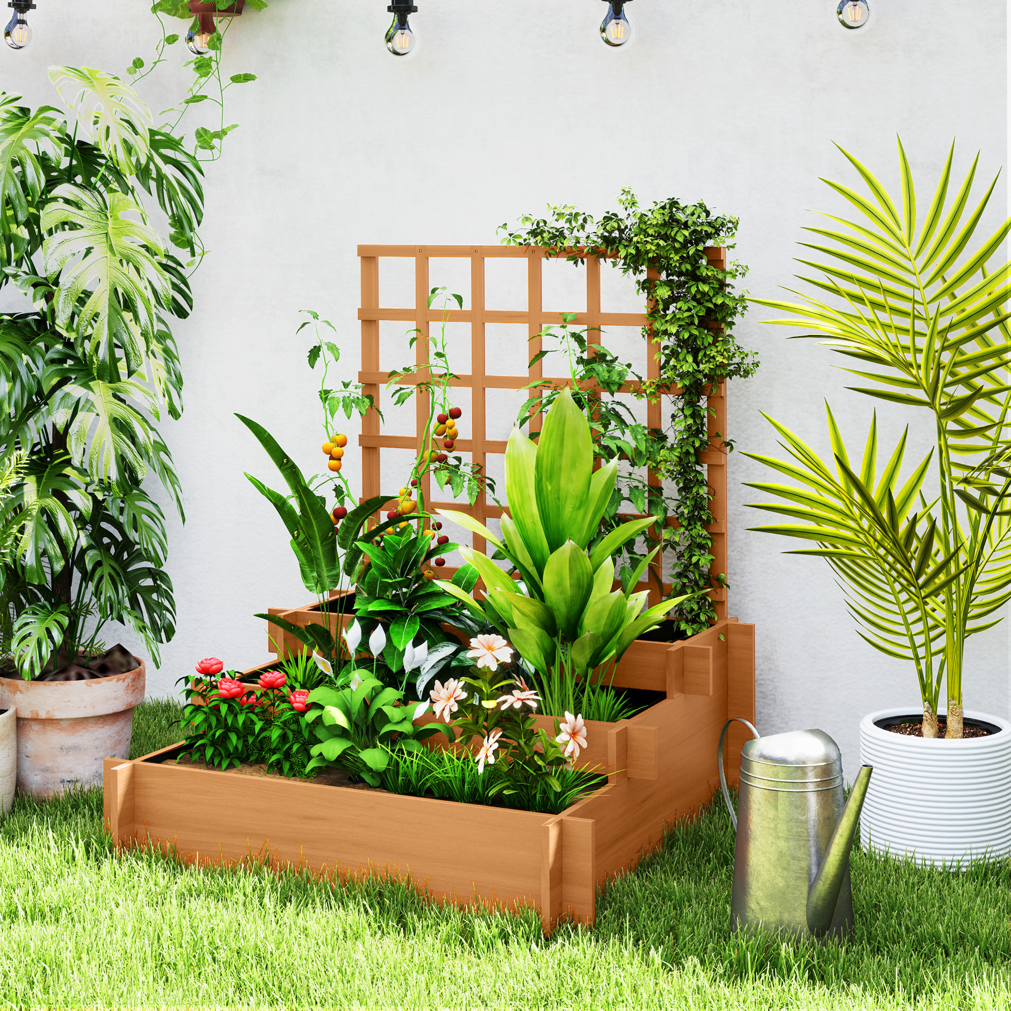 Outsunny Wooden Elevated Planter Box with Trellis for Climbing Plants, 3 Tier Raised Garden Bed for Garden, Outdoor, Brown Aosom Canada