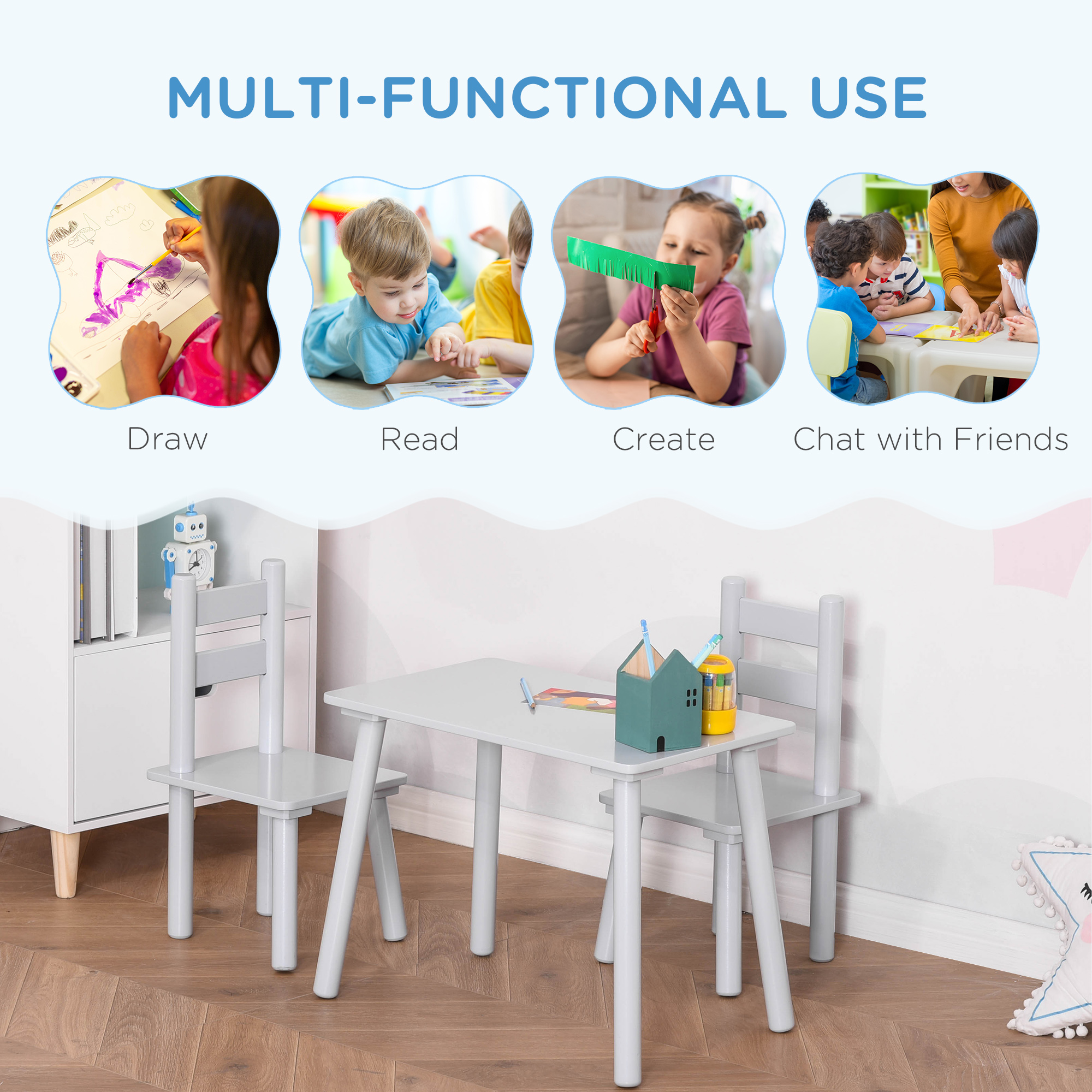 Qaba Children's Wooden Table and Chair Set, Durable for Arts, Crafts, Dining & Reading, Enhance Creativity for Ages 2-5, Gray| Aosom.com 2