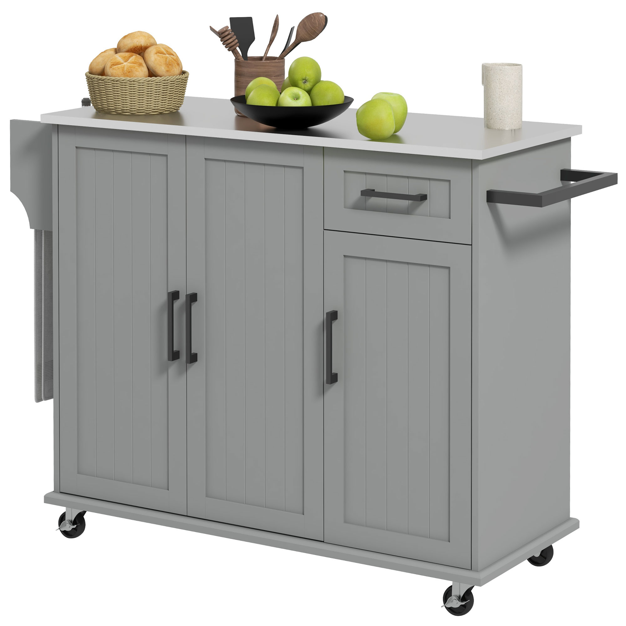 HOMCOM Kitchen Island with Wheels, Kitchen Island on Wheels with Drawer, 3 Cabinets, Stainless Steel Countertop, Gray