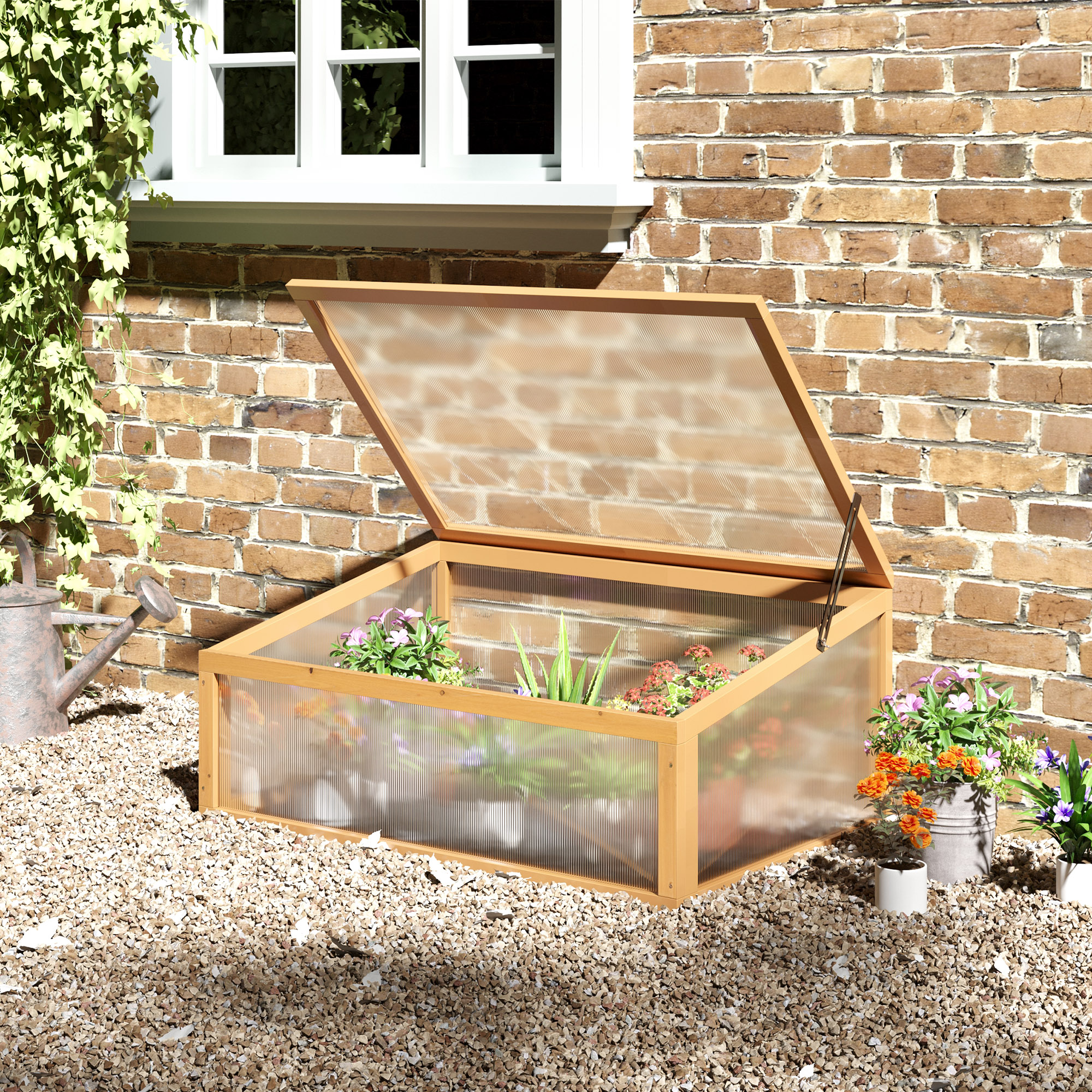 Outsunny Wooden Cold Frame Greenhouse Raised Garden Planter Portable Openable Top 35.5"x23.5"x15.75" Light Brown Aosom Canada