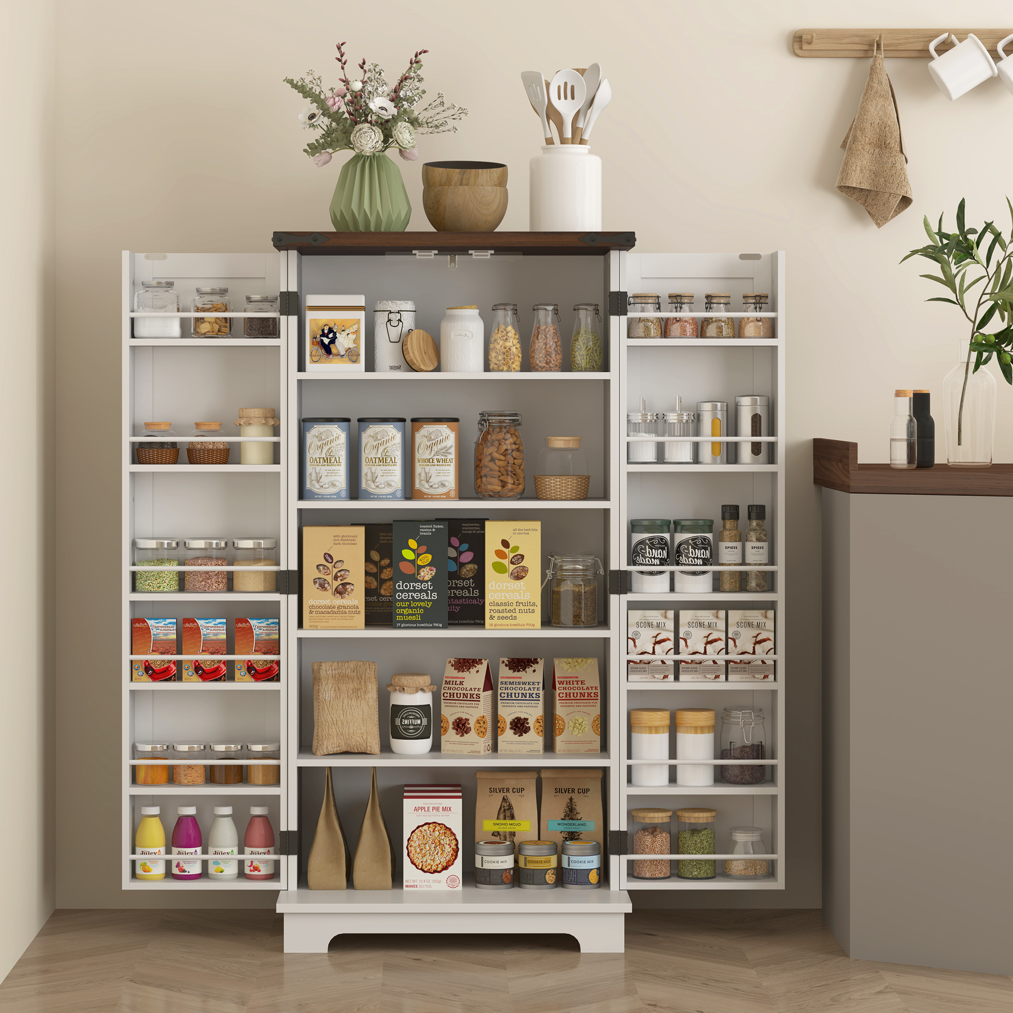 HOMCOM 47" Kitchen Pantry Storage Cabinet, Farmhouse Kitchen Pantry Cabinet with Adjustable Shelves and Door Shelves, White Aosom Canada