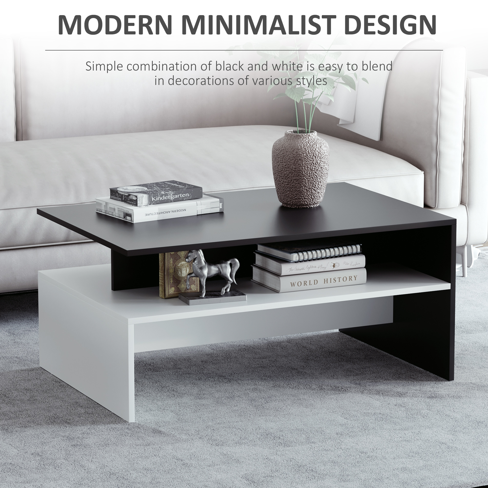 HOMCOM Modern Coffee Table Black/White 2-Tier Rectangular Center Table with Storage Shelves | Aosom.com 3