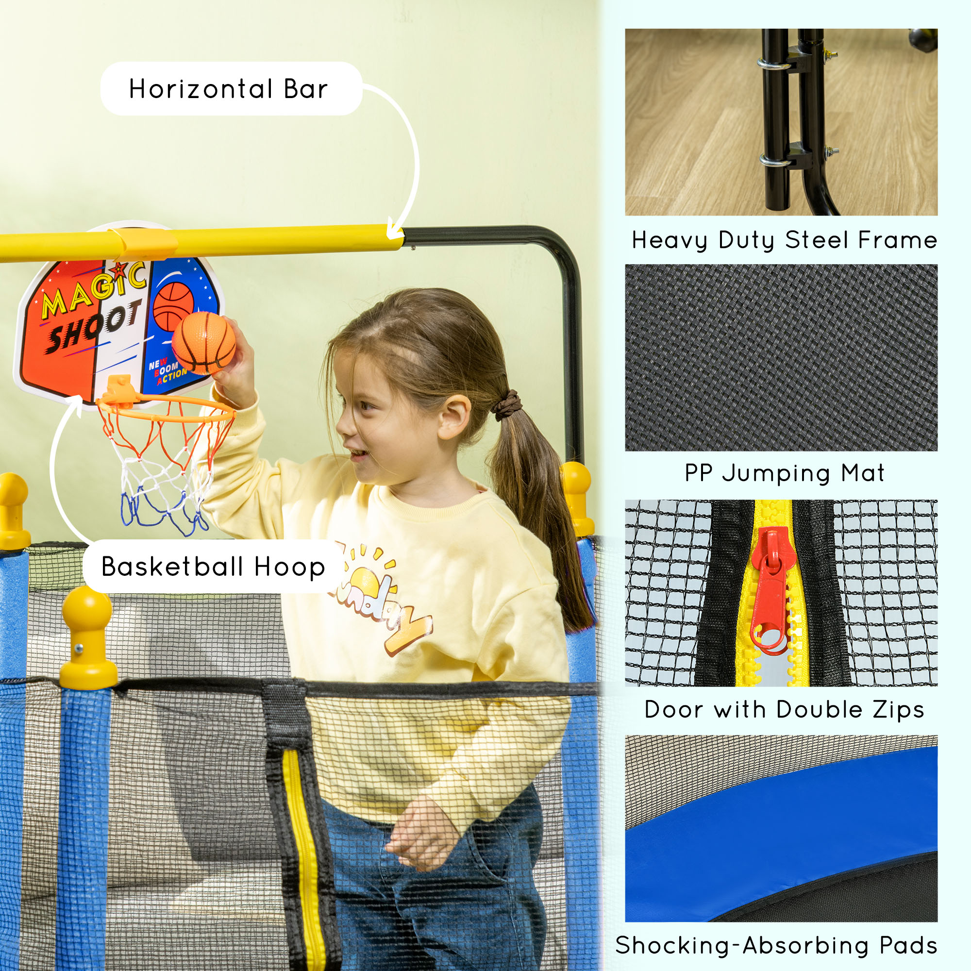 Qaba Kids Indoor Trampoline with Safety Net, Basketball Hoop, and Horizontal Bar, Blue | Aosom.com 4
