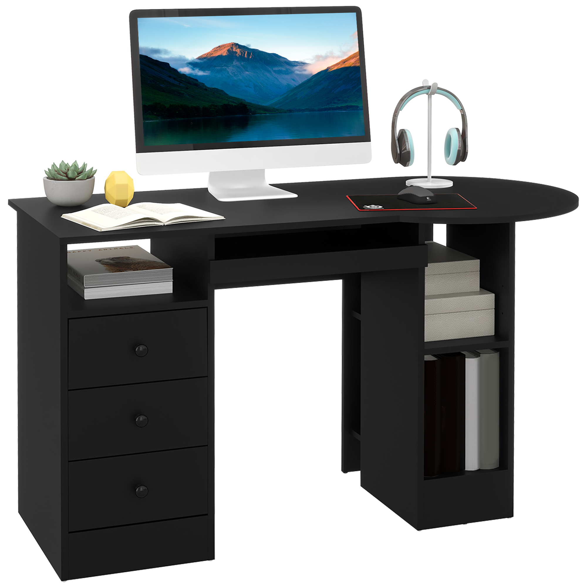 Home Workspace Laptop Surface with Shelves and Drawers, PC Work Table with Organizer, Modern Work Table Work Table with Keyboard Tray for Study, Living Room, Black 1