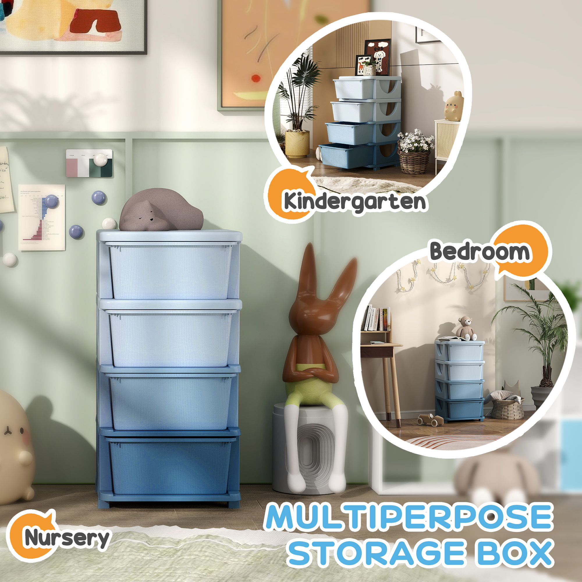 Qaba 30" 4 Tier Kids Storage Unit Dresser Tower w/ 4 Drawers, Blue 4
