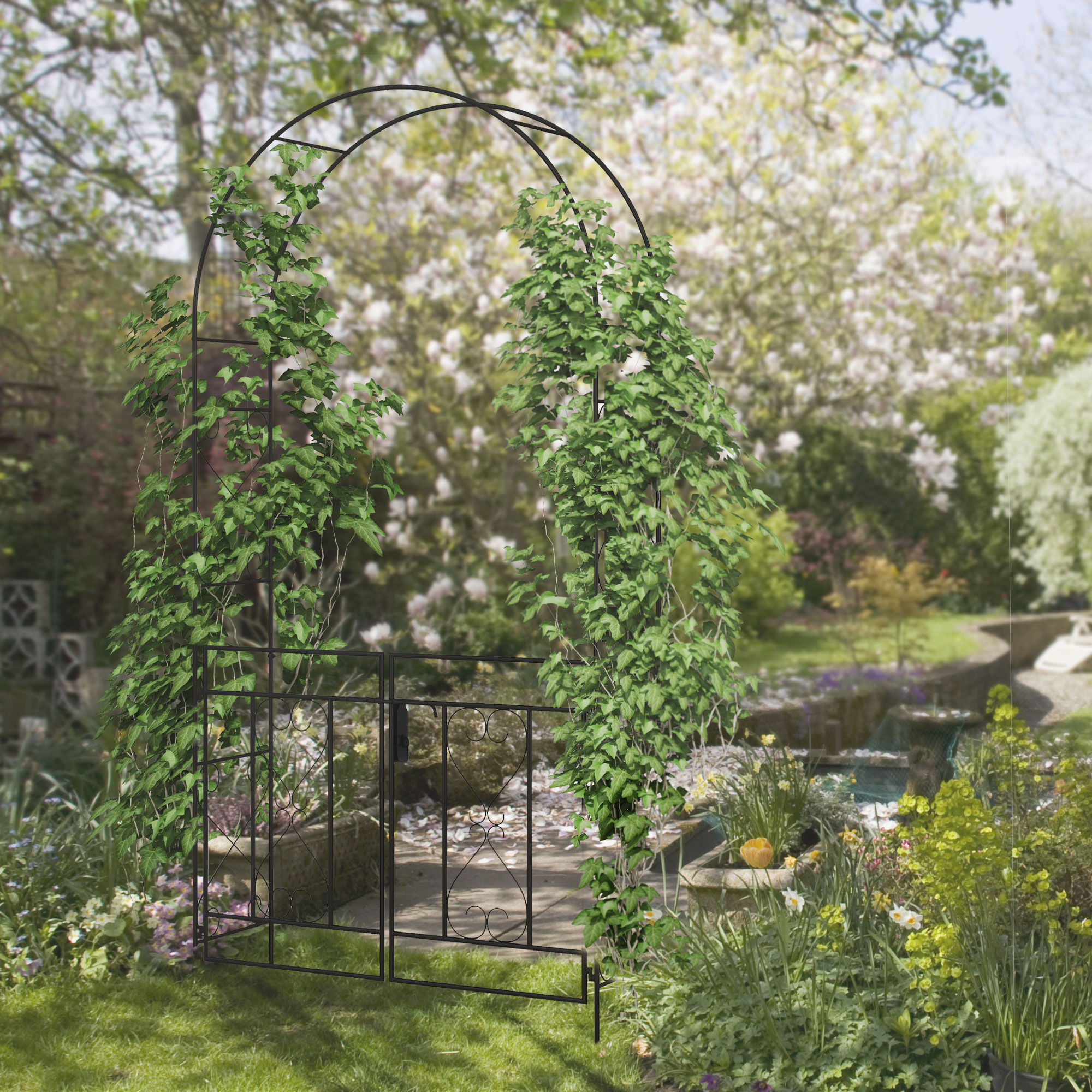 Outsunny 7.6FT Metal Garden Arch with Gate, Garden Arbor Trellis for ...