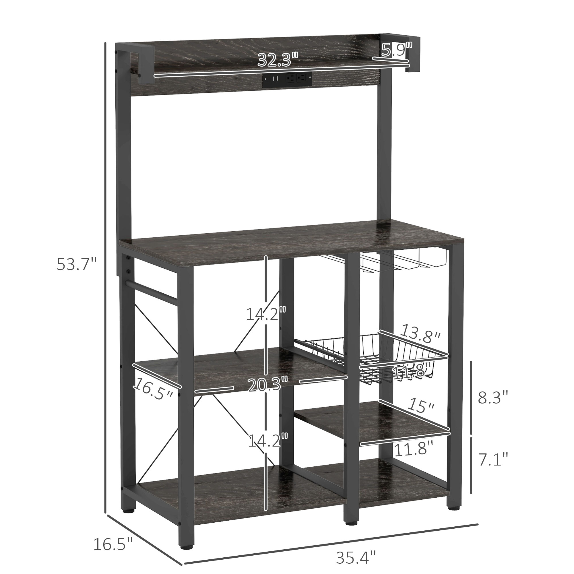HOMCOM Industrial Gray Kitchen Baker's Rack with Charging Station, RGB Lighting, Glass Holders & Open Storage | Aosom.com 1