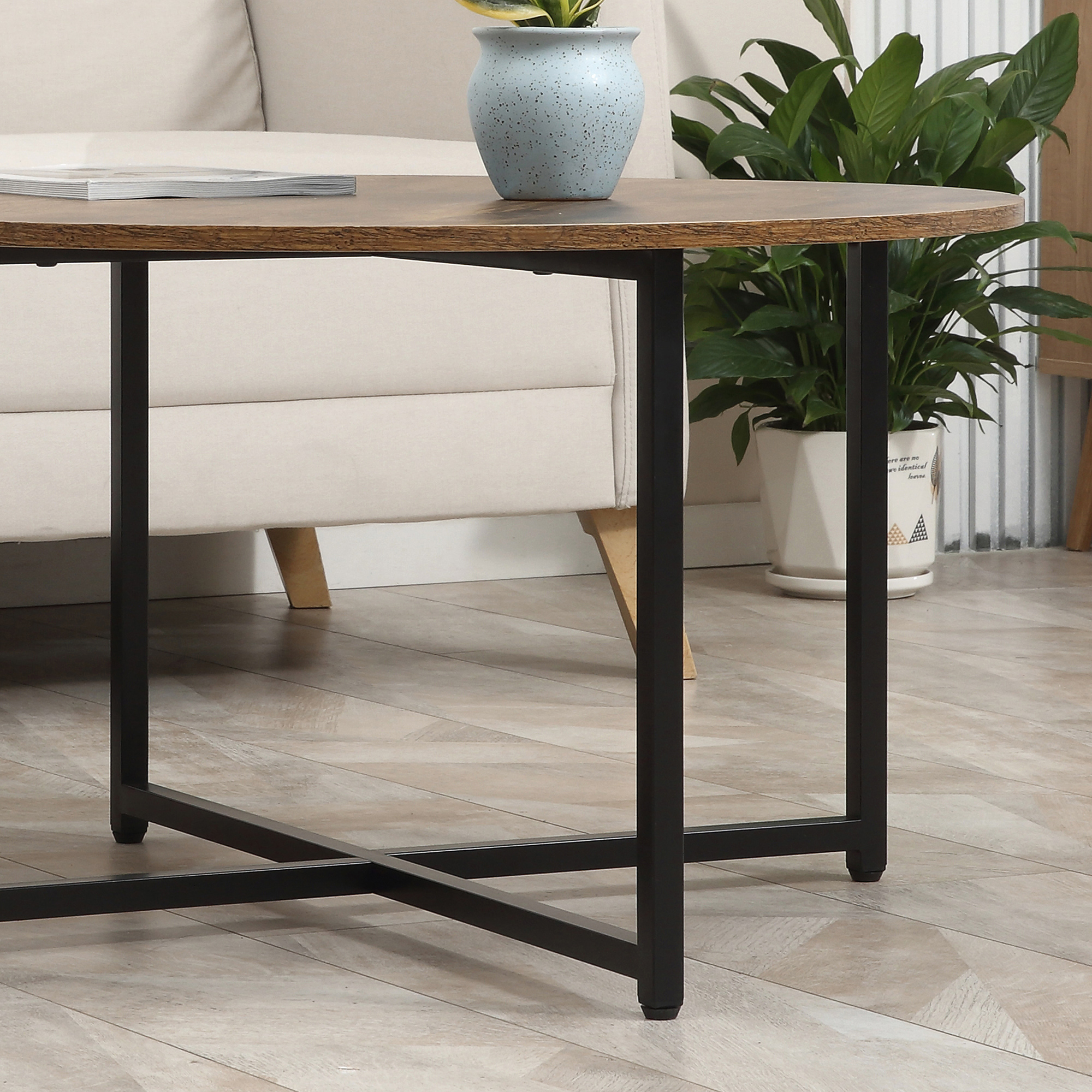HOMCOM Round Coffee Table, Nesting Set of 2 with Metal Frame, Industrial Side End Table for Living Room Bedroom, Rustic Brown 7