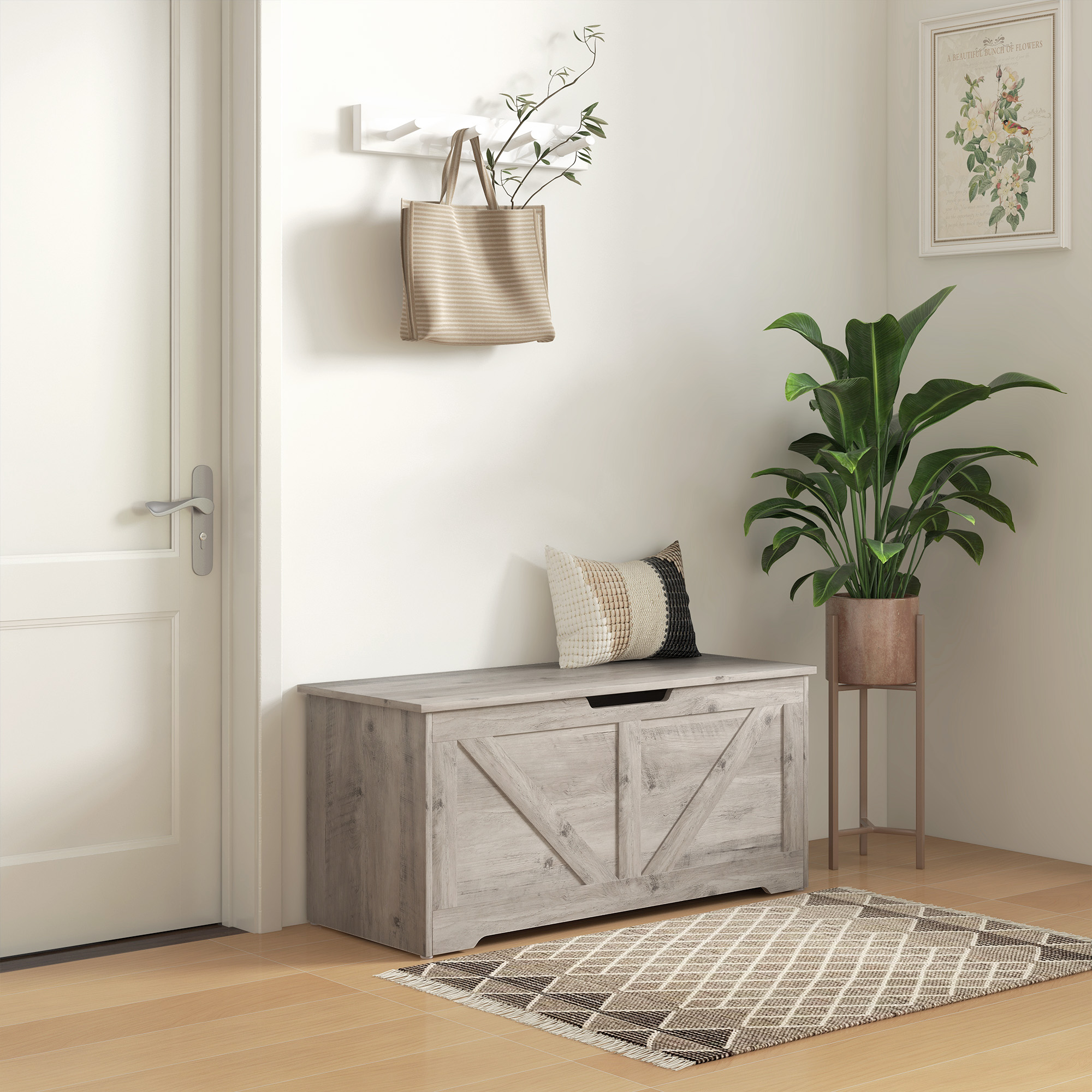 HOMCOM 39.4 Inches Storage Chest, Storage Trunk with 2 Safety Hinges, Wooden Toy Box for Living Room, Grey Wood Grain Aosom Canada