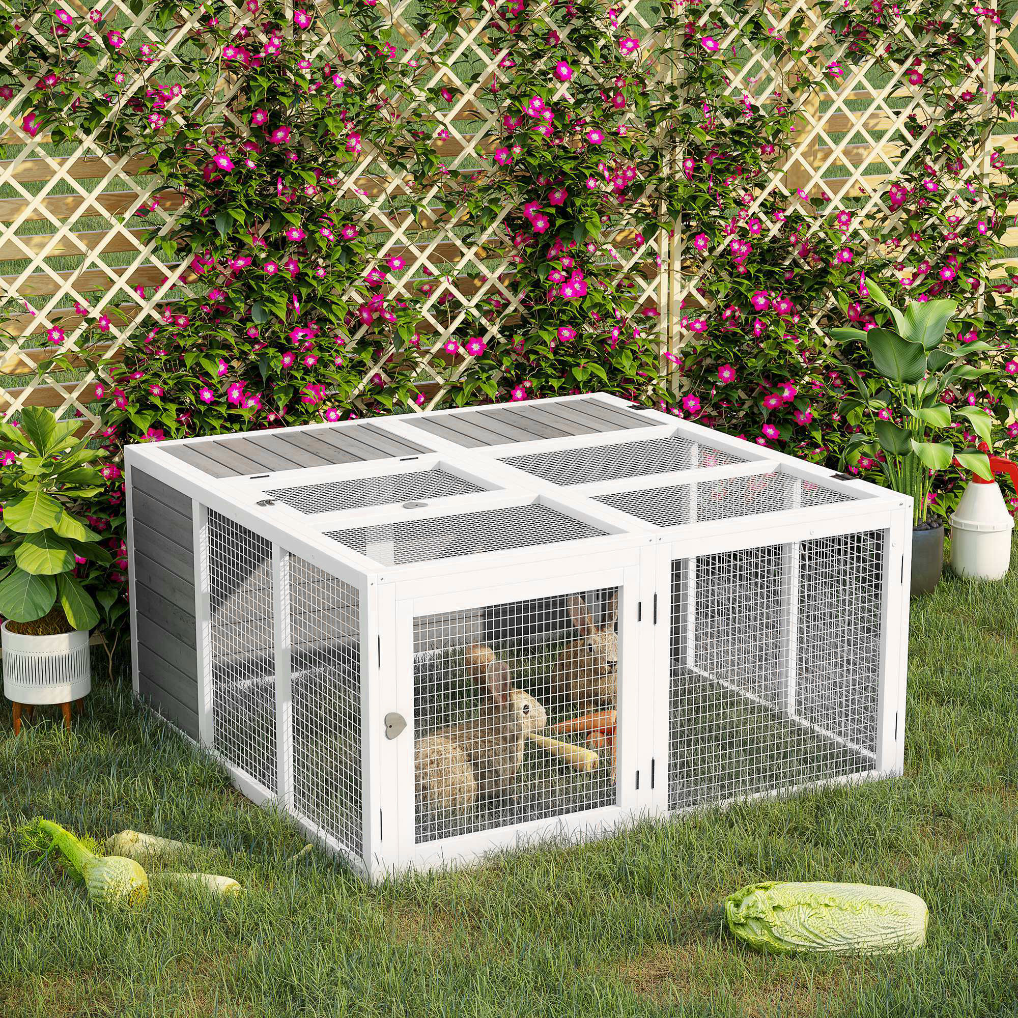 PawHut Rabbit Hutch with Openable Foldable Top, Door, for 1-4