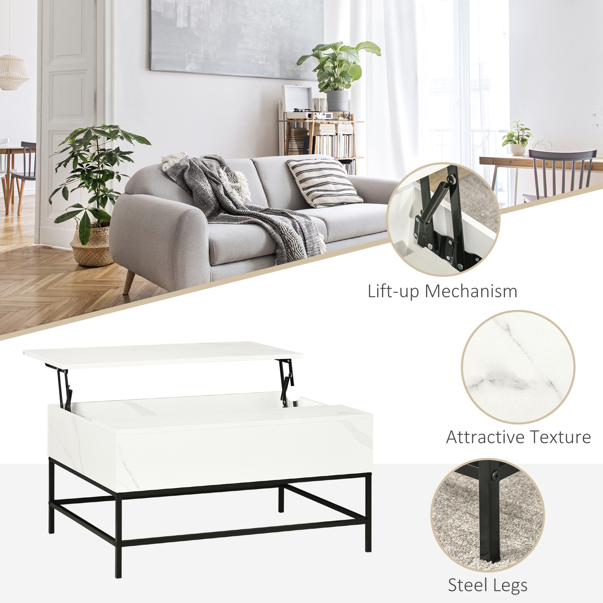 HOMCOM Lift Top Coffee Table Modern Hidden Storage Metal Legs Home Office White | Aosom.com 4