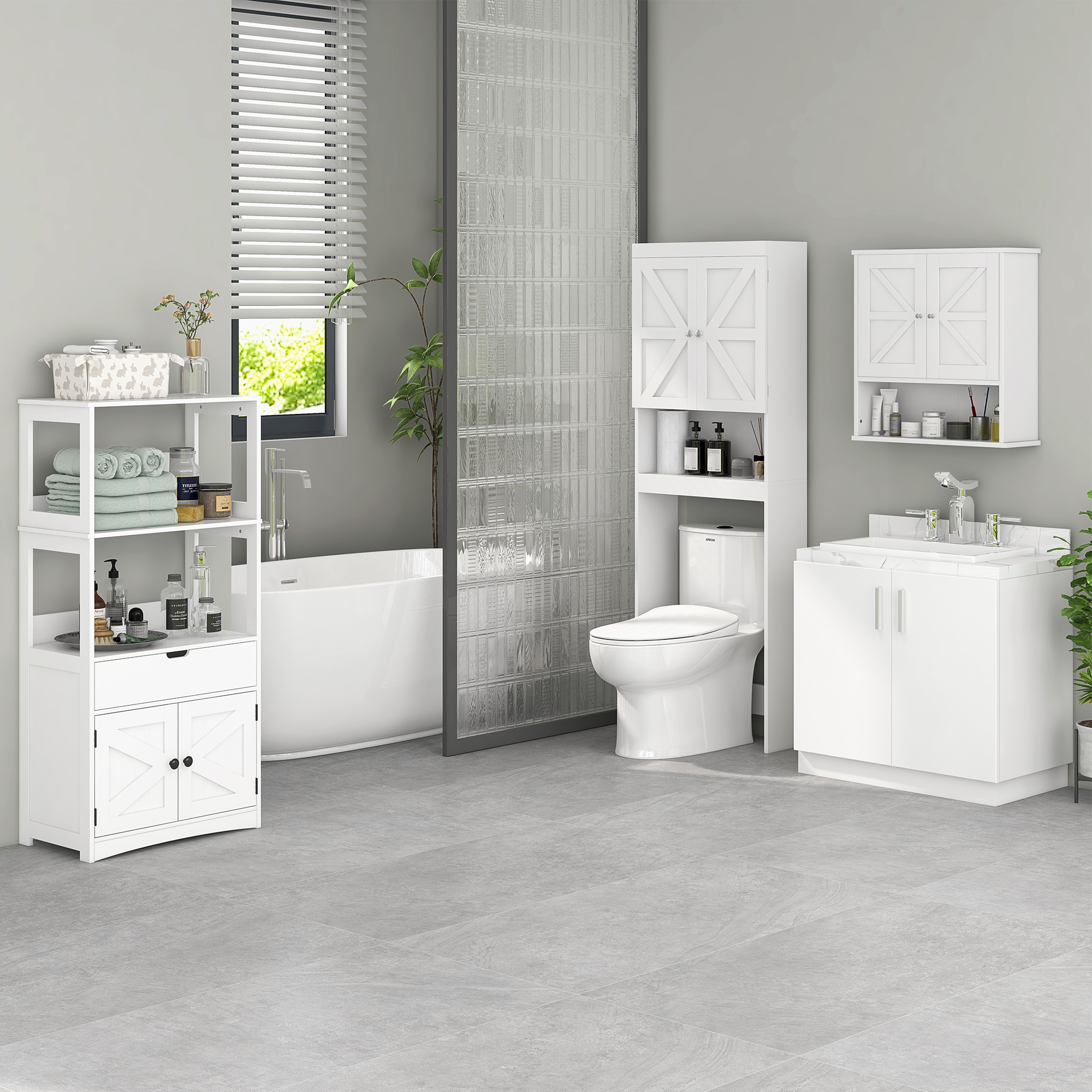 HOMCOM Over The Toilet Bathroom Cabinet Modern Above Toilet Storage Barn Doors Open Shelf White Aosom Canada