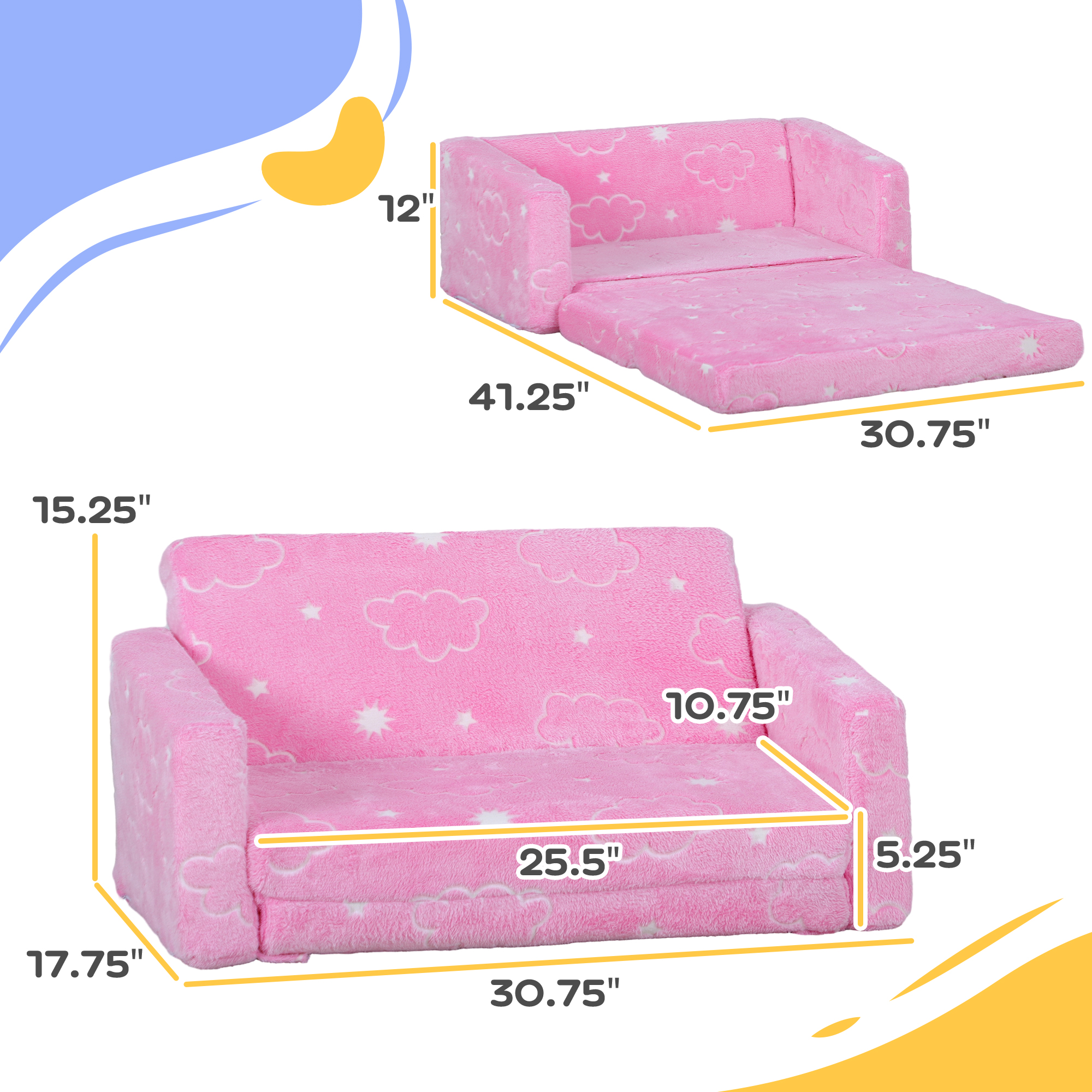 Qaba Couch with Glow in the Dark Cloud Patten, Washable Cover, Pink | Aosom.com 1