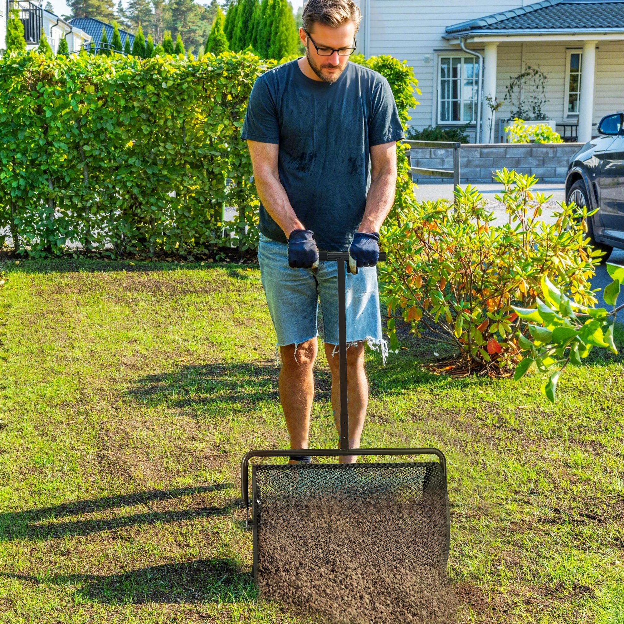 Outsunny 24 Inch Compost Spreader, Peat Moss Spreader with 24.4"/26.4" Height Adjustable Handle, Soil Spreader for Lawn, Black Aosom Canada