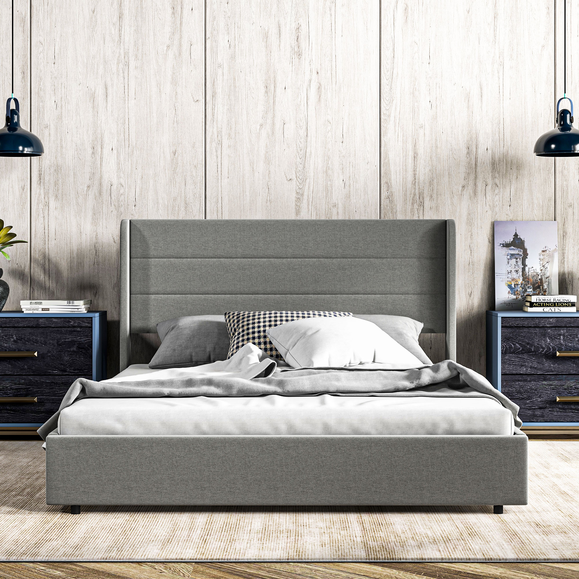 HOMCOM Queen Bed Frame with Storage Drawers, Queen Size Bed Base with Headboard, Wood Slats, Noise-Free, Light Gray | Aosom.com 0
