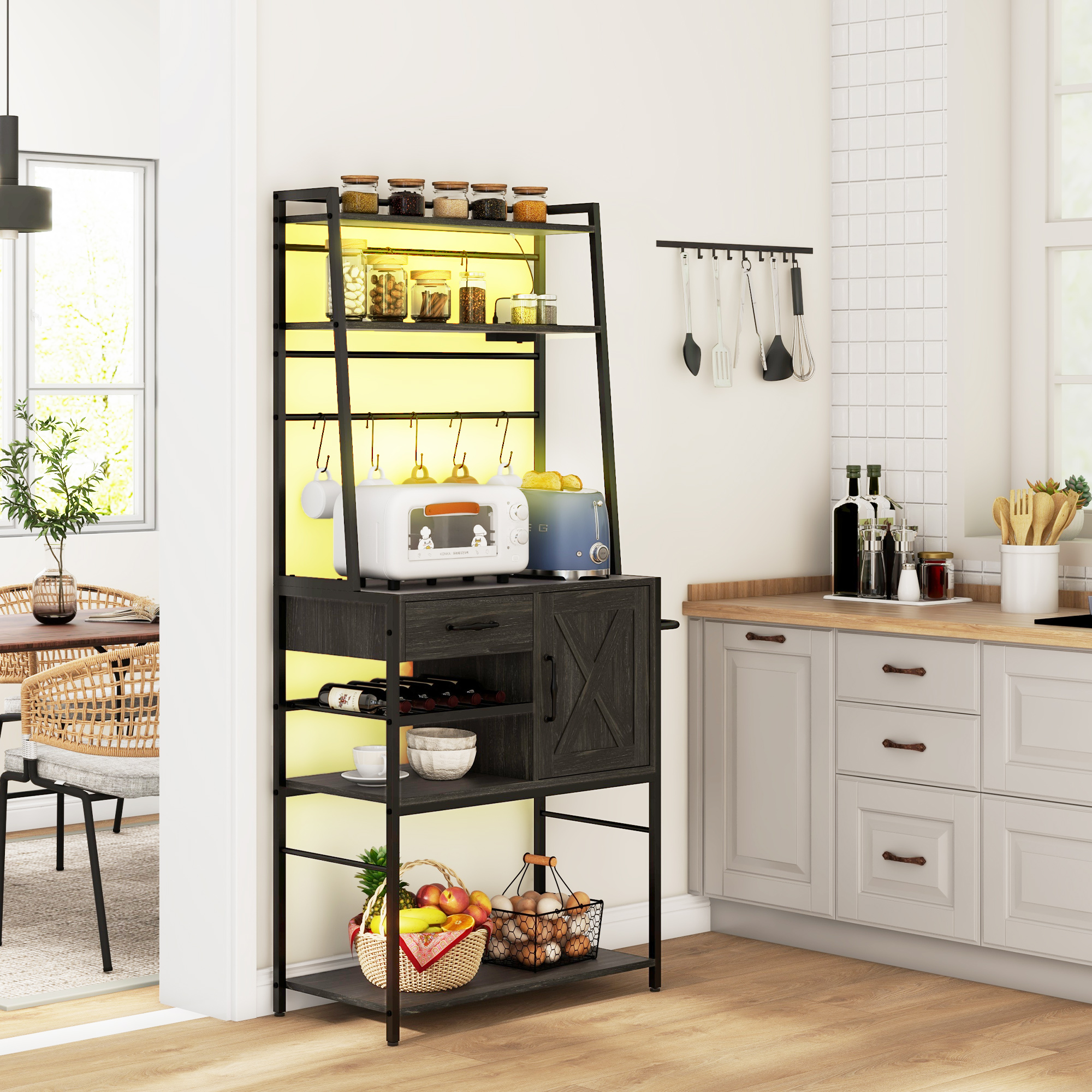 HOMCOM Industrial Kitchen Shelving Unit, Distressed Gray with Charging Station, LED Lights & Barn Door | Aosom.com 0