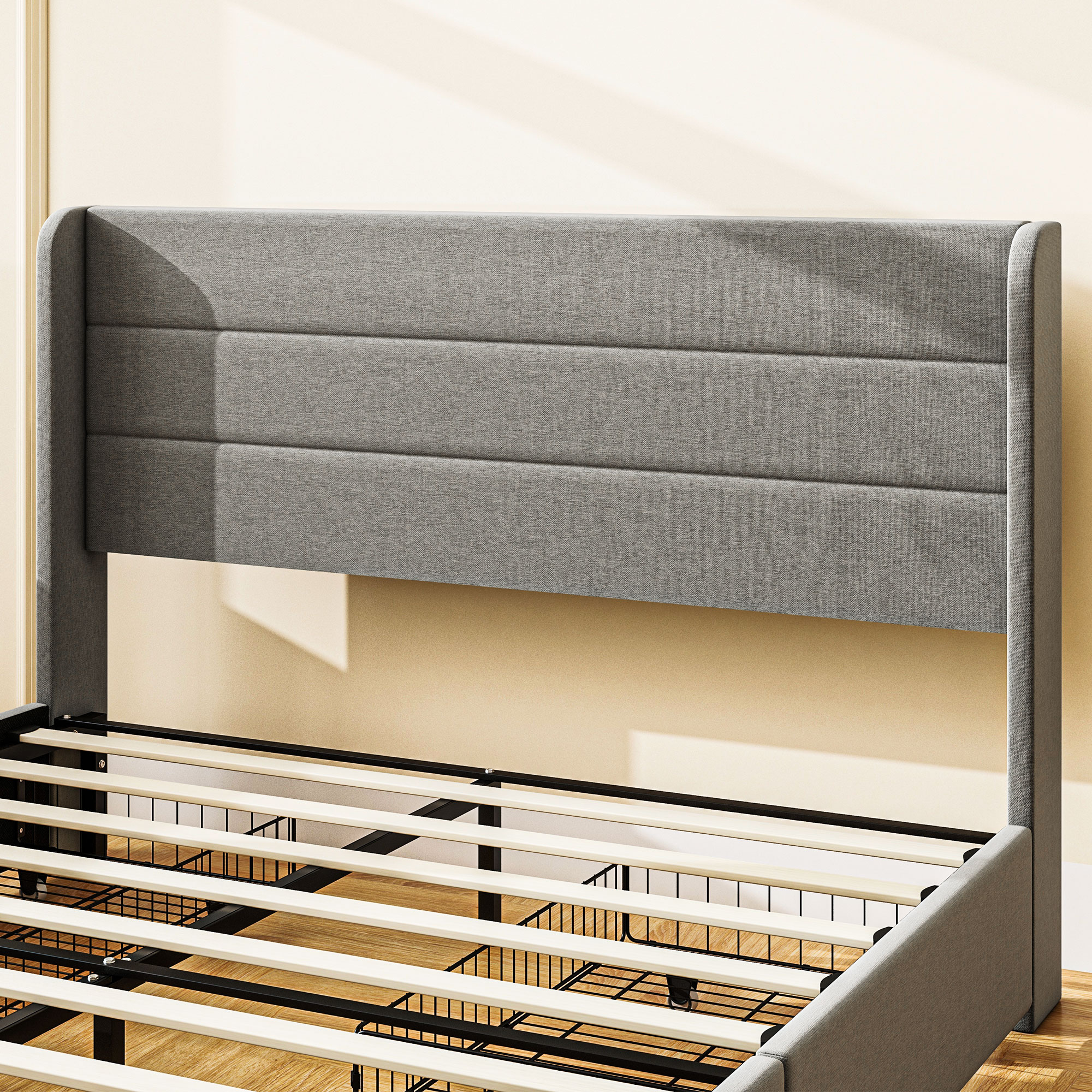 HOMCOM Queen Bed Frame with Storage Drawers, Queen Size Bed Base with Headboard, Wood Slats, Noise-Free, Light Gray | Aosom.com 6