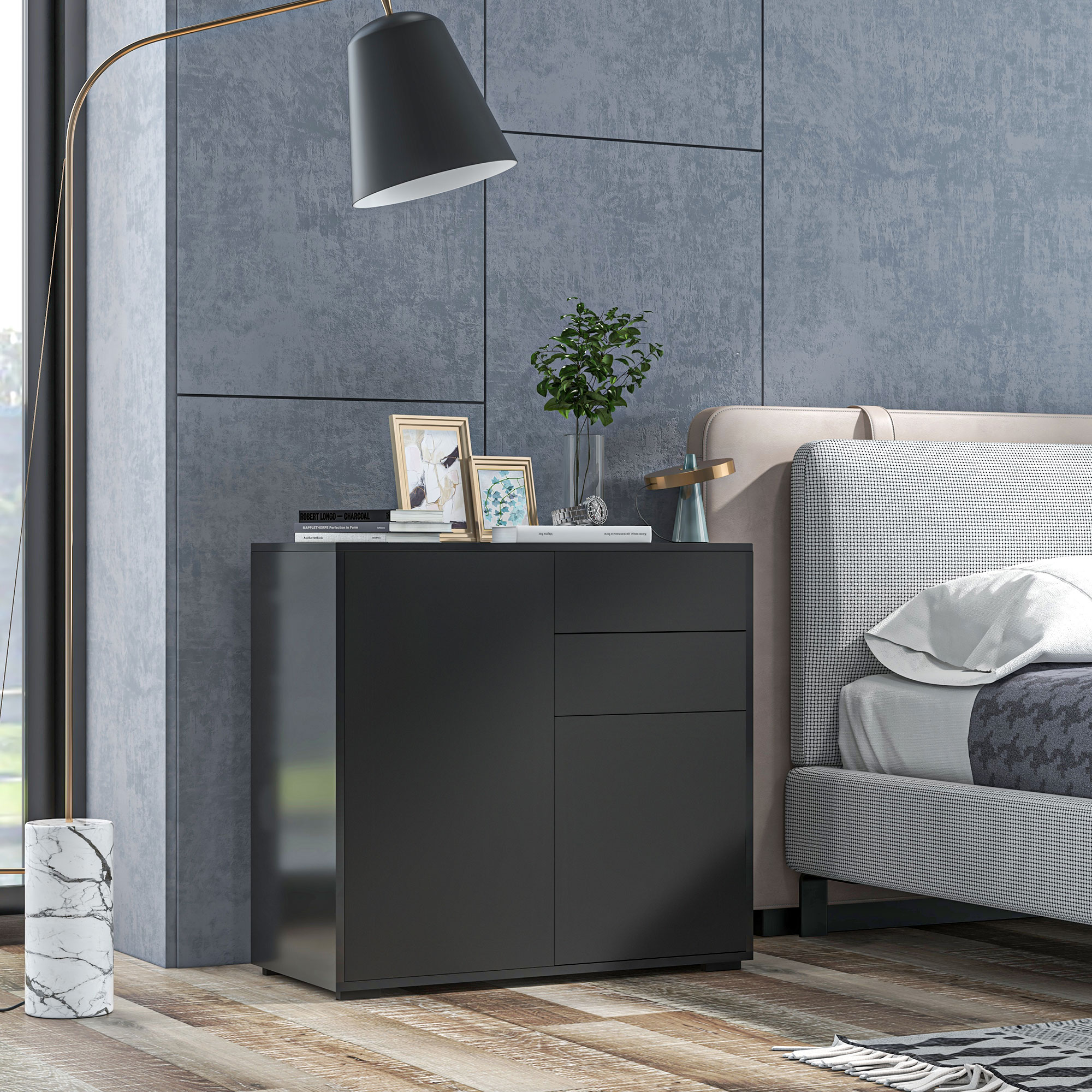 HOMCOM Sideboard Buffet Cabinet with 2 Drawer, 2 Doors and Shelf, High Gloss Kitchen Storage with Push Open Design, Black Aosom Canada