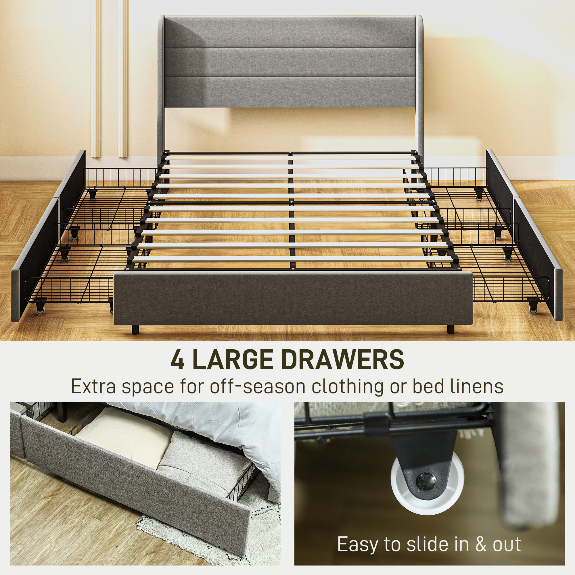 HOMCOM Queen Bed Frame with Storage Drawers, Queen Size Bed Base with Headboard, Wood Slats, Noise-Free, Light Gray | Aosom.com 3
