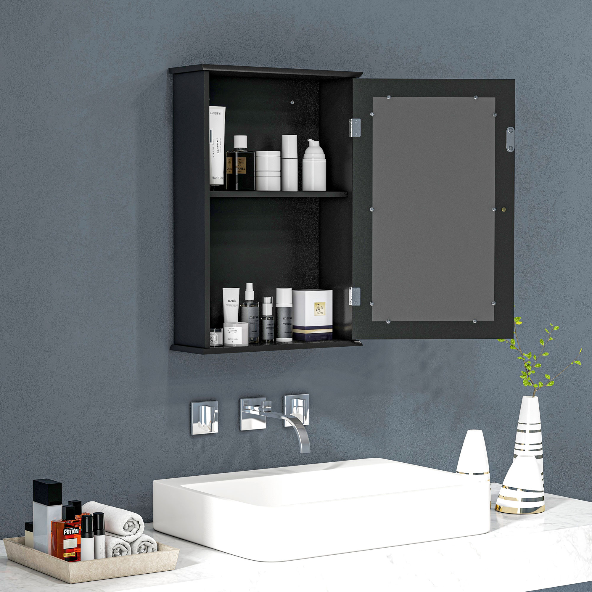 kleankin Bathroom Mirror Cabinet, Wall Mounted Medicine Cabinet with Door and Shelves, Black | Aosom Canada