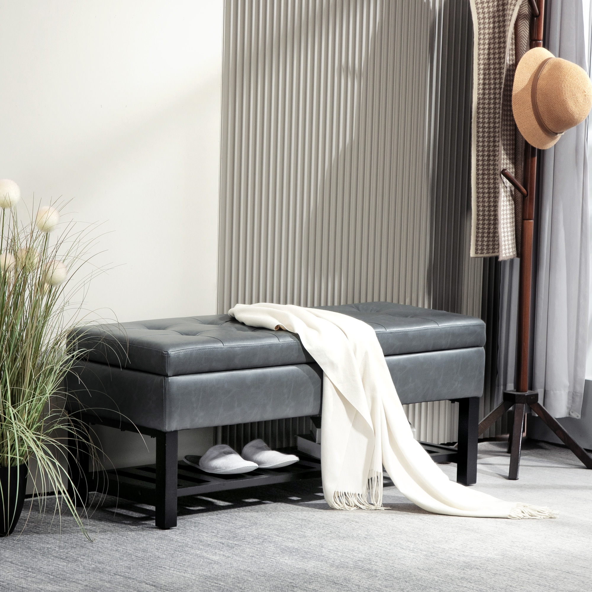 HOMCOM 44" PU Leather Tufted Ottoman Shoe Bench Storage Chest Hallway Grey Aosom Canada