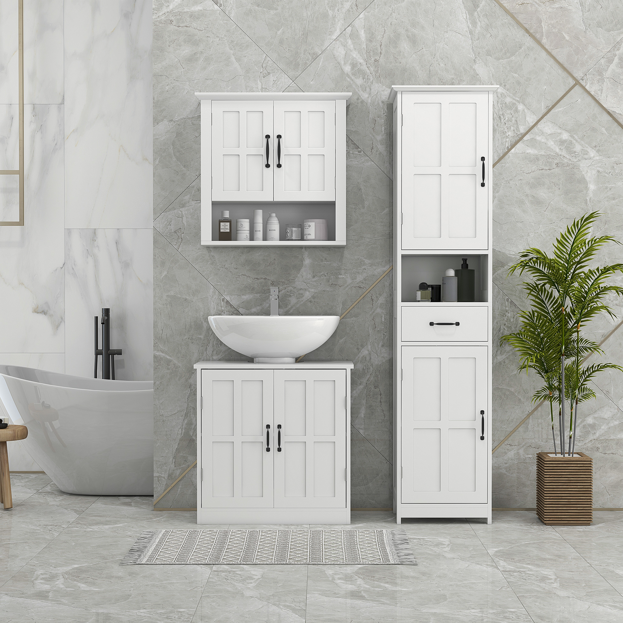 kleankin Modern Bathroom Cabinet, Narrow Bathroom Vanities with Open Shelf Drawer Recessed Doors ...
