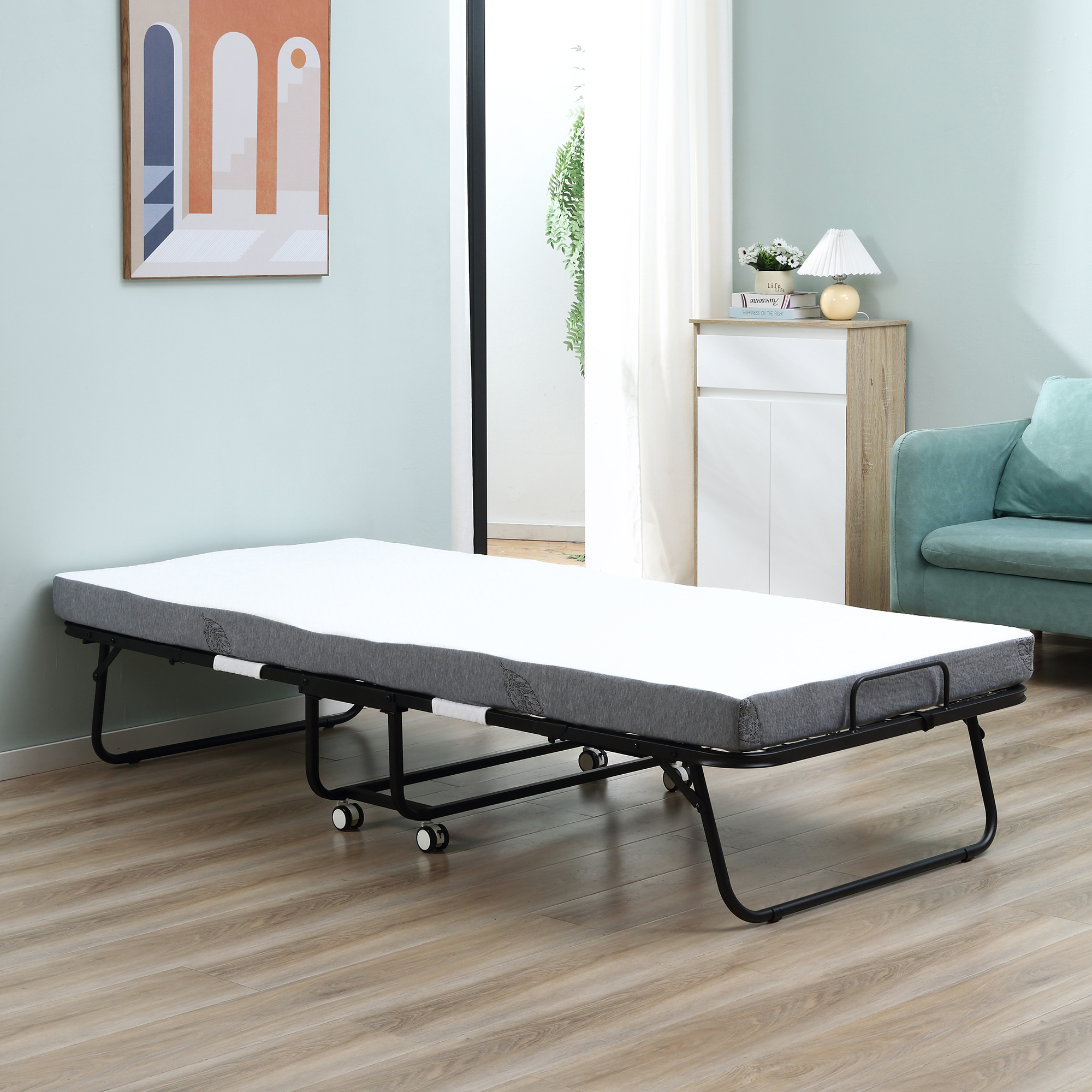 HOMCOM Folding Rollaway Bed with Memory Foam Mattress Portable White Guest Bed on Wheels | Aosom.com 0