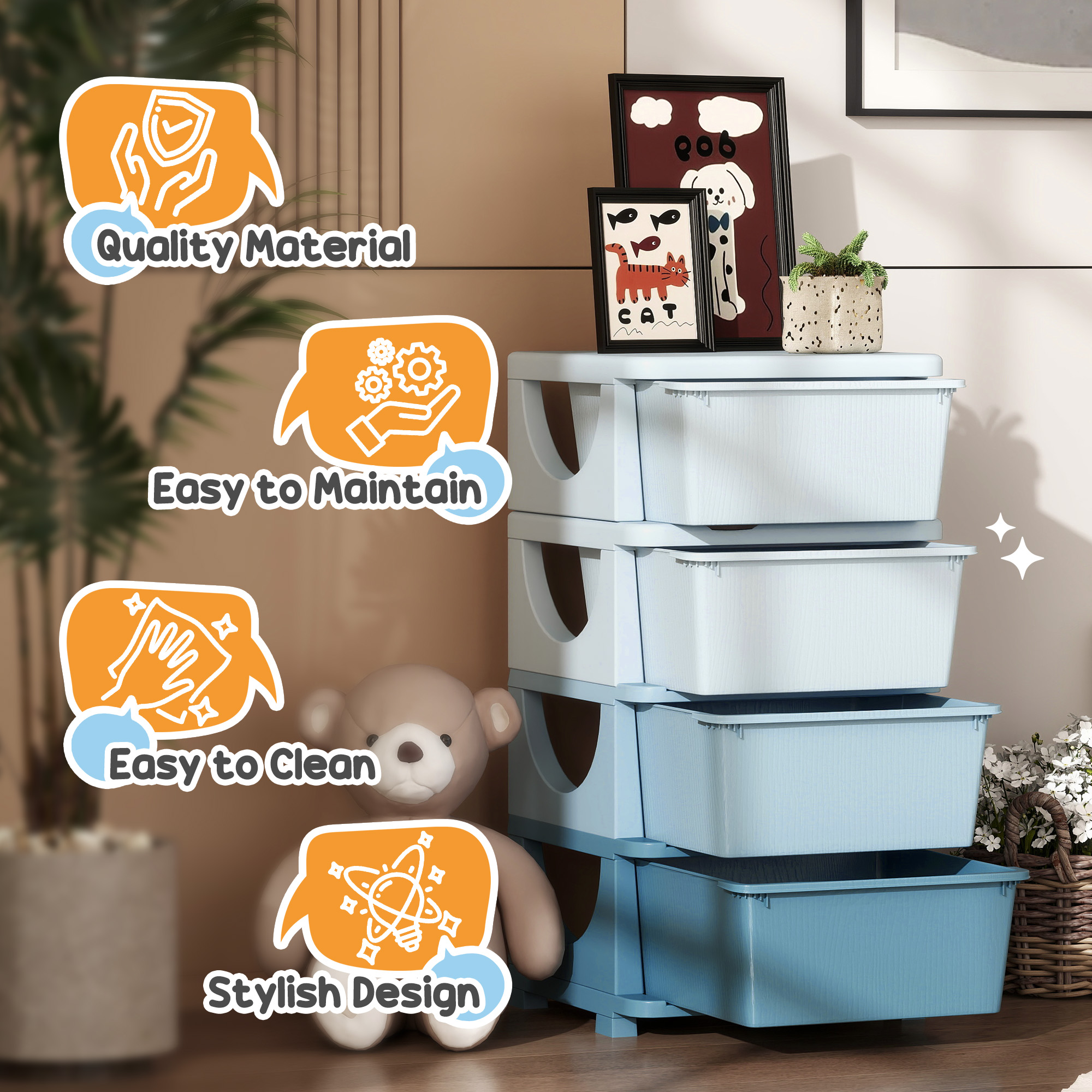 Qaba 30" 4 Tier Kids Storage Unit Dresser Tower w/ 4 Drawers, Blue 5