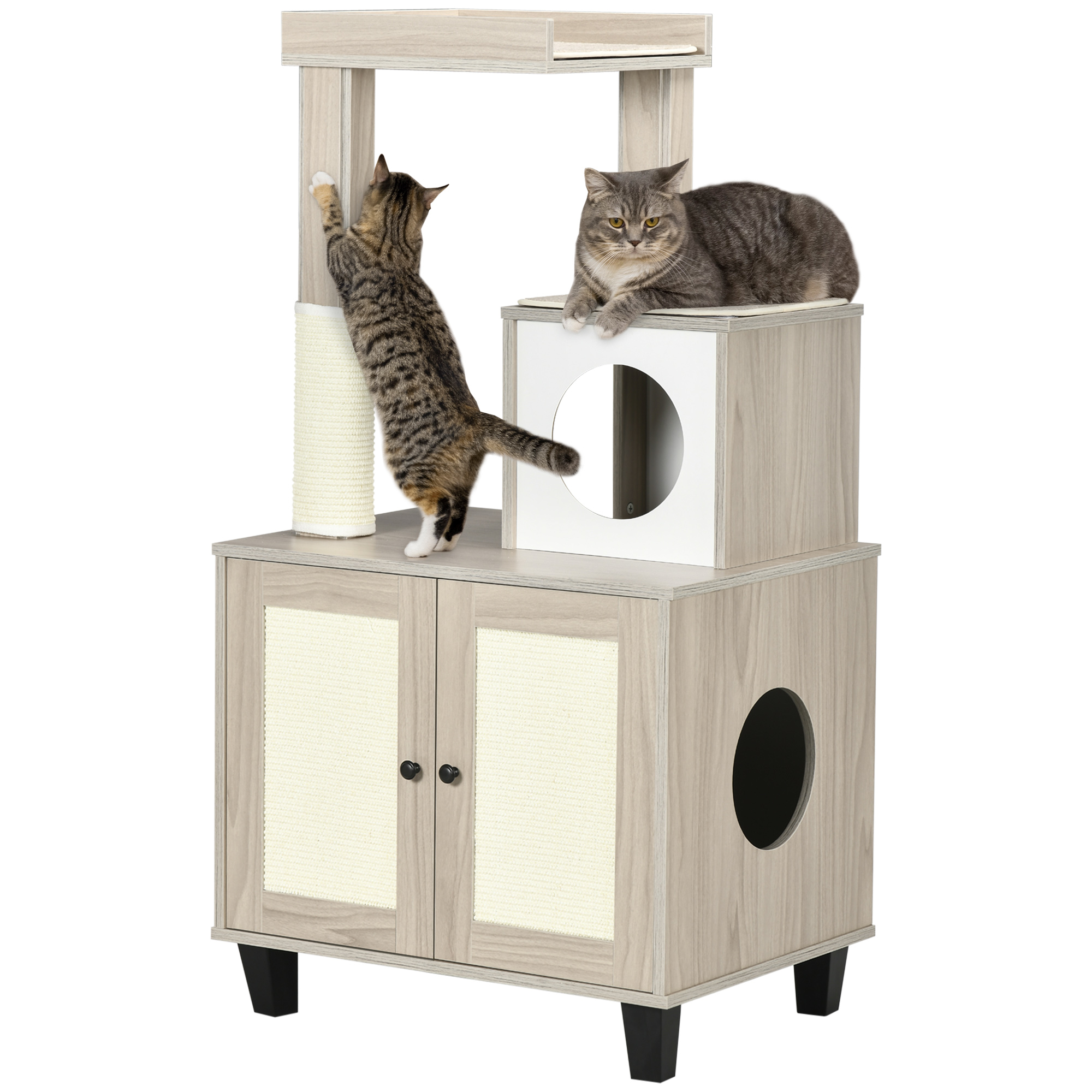 PawHut Cat Litter Box Enclosure Furniture with Cat Tree, Hidden Litter Box with Scratching Post, Bed, Modern Cat House Indoor, Gray