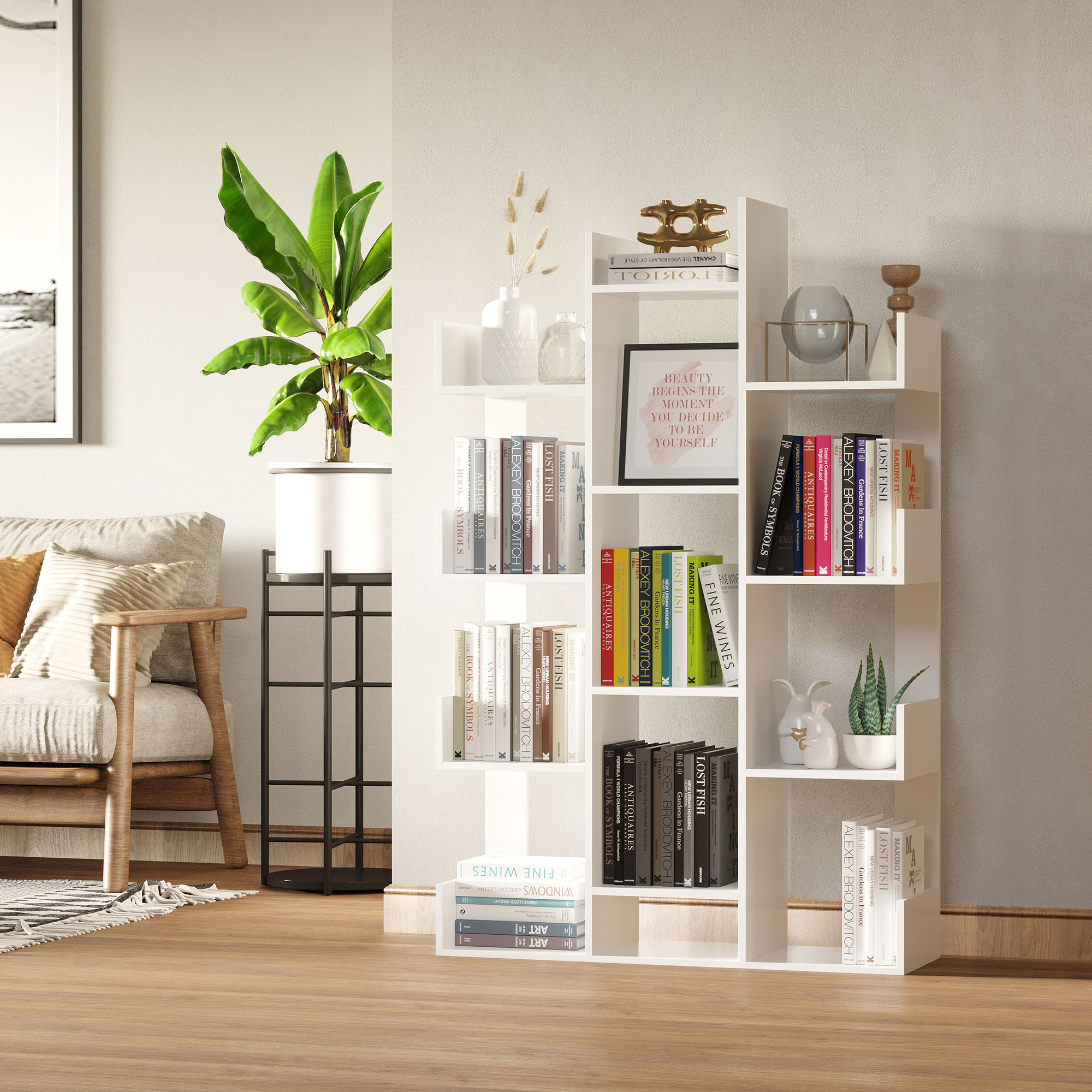 HOMCOM Tree Bookshelf, Modern Freestanding Bookcase with 13 Open ...