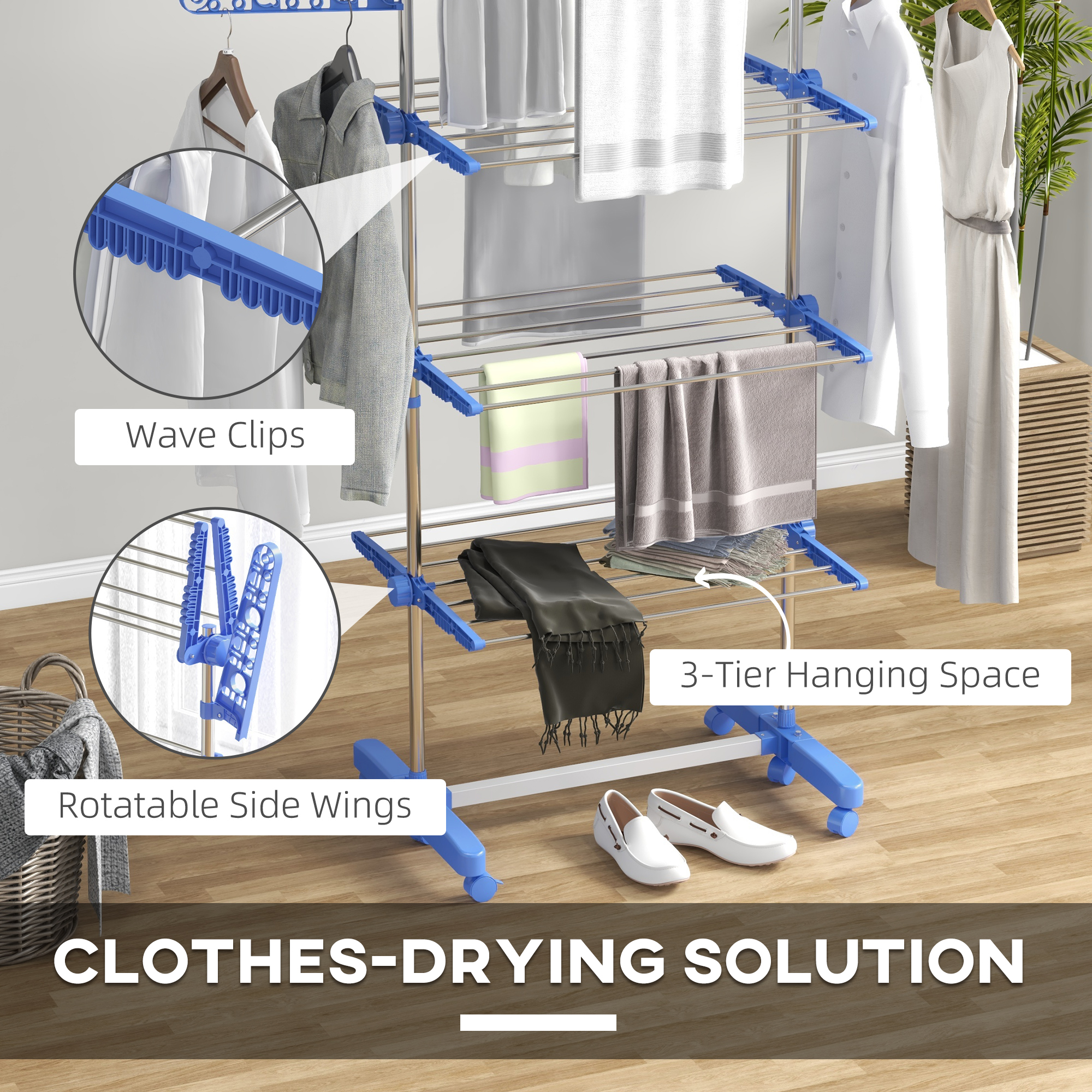 Steel Linen Rack HOMCOM 3-Tier Clothes Drying Rack, Stainless Steel Laundry Rack with 2 ...