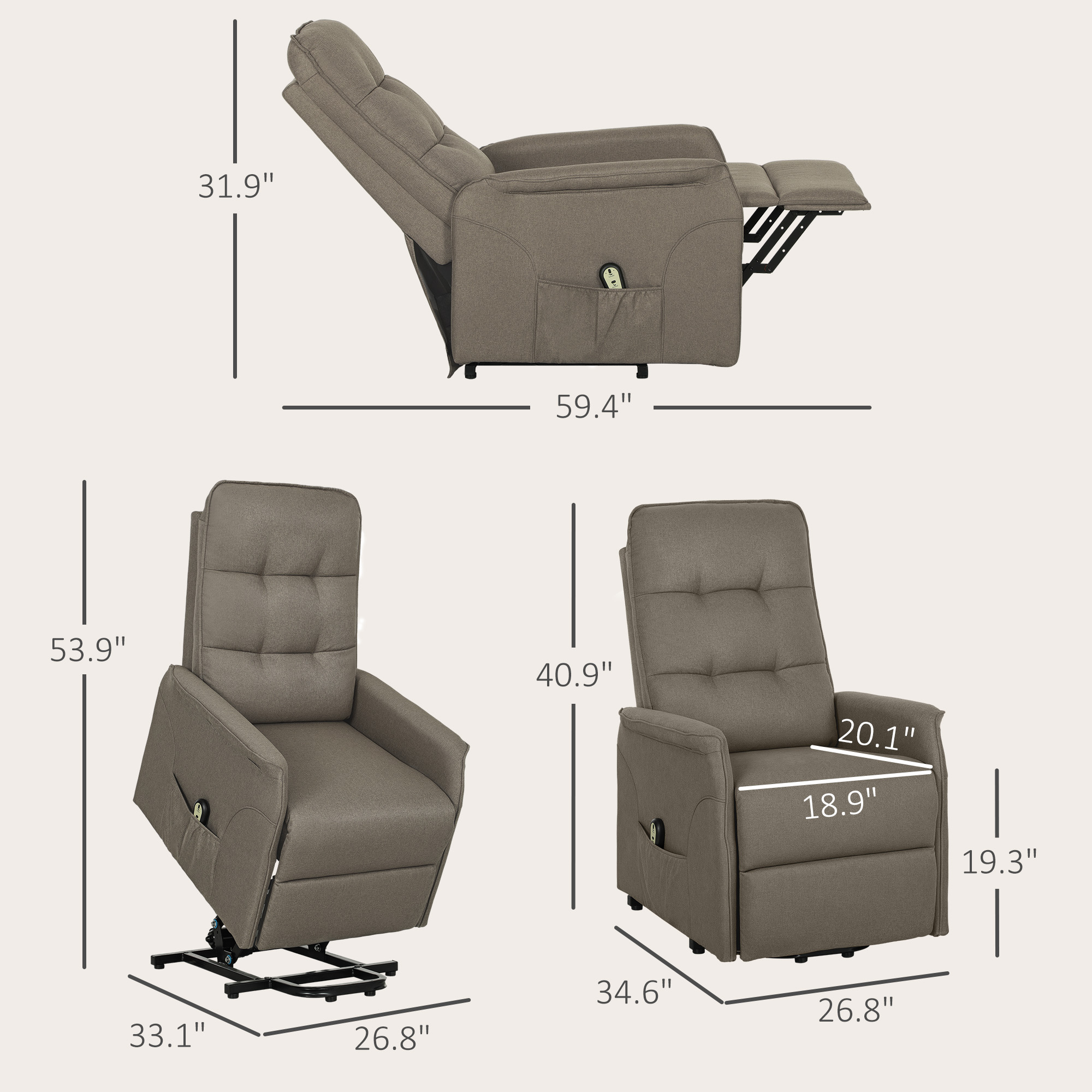 HOMCOM Power Lift Chair for Elderly, Fabric Recliner Sofa with Remote Control, Side Pockets, Quick Assembly, Coffee 1