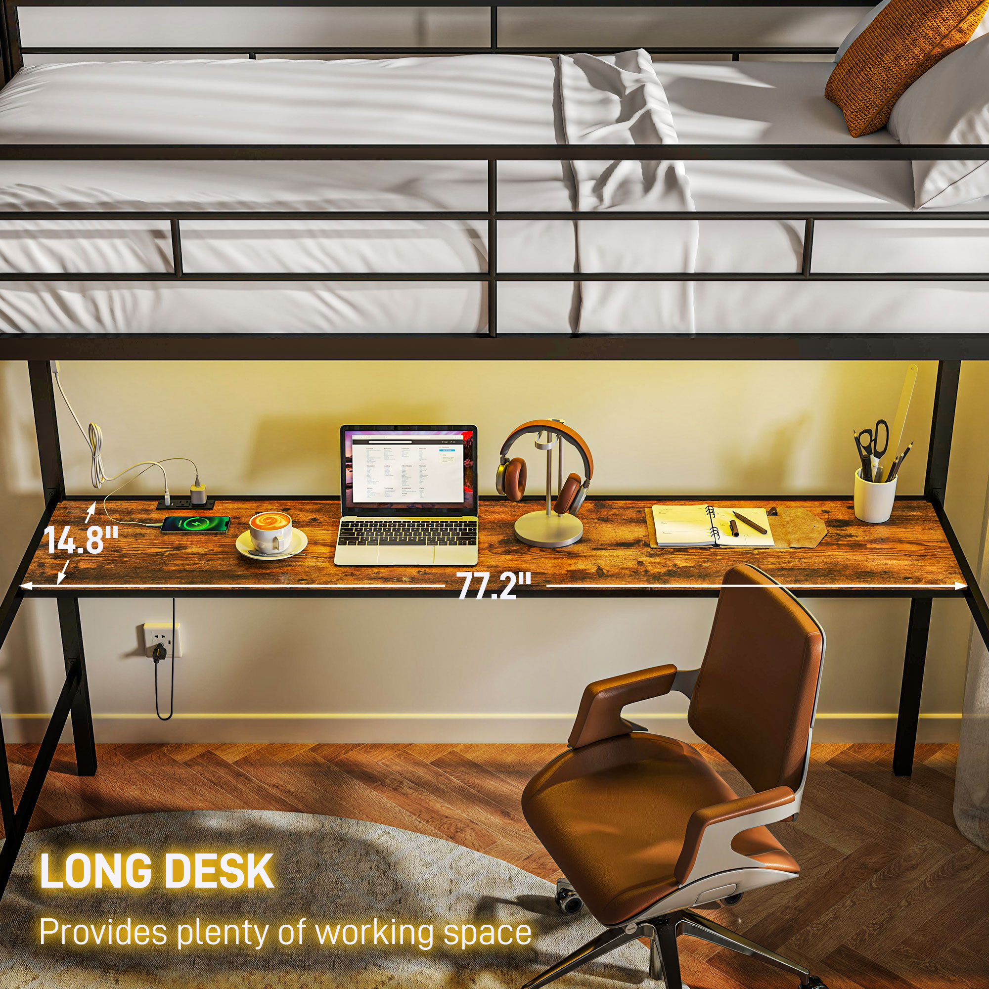 HOMCOM Twin Loft Bed with Desk, LED Lights and Charging Station, Twin Loft Bed Metal with Ladder, Black | Aosom.com 3