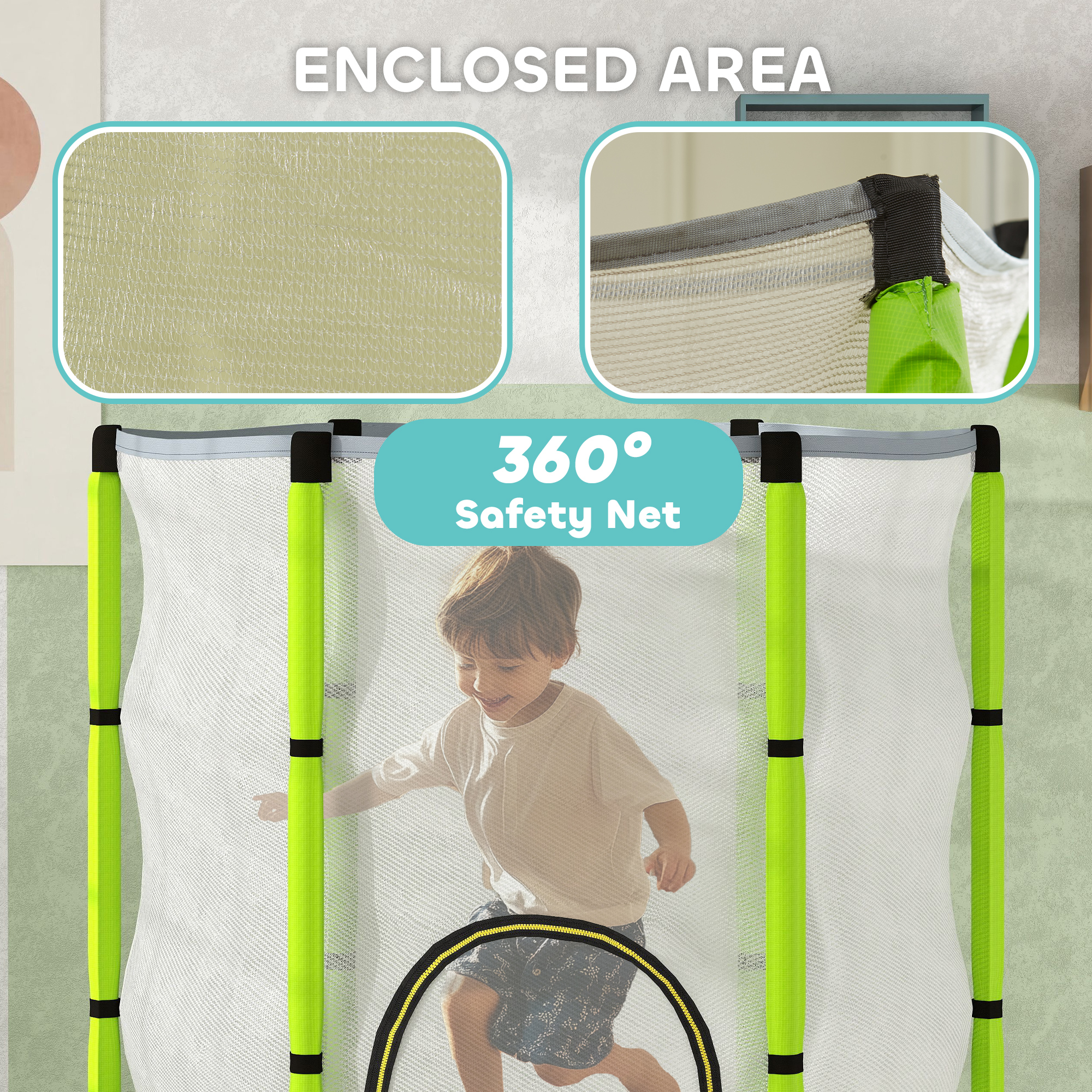 Qaba 4.6FT Toddler Trampoline w/ Safety Net, Recreational Trampoline for Indoor Outdoor, Cloud Pattern, Green 4