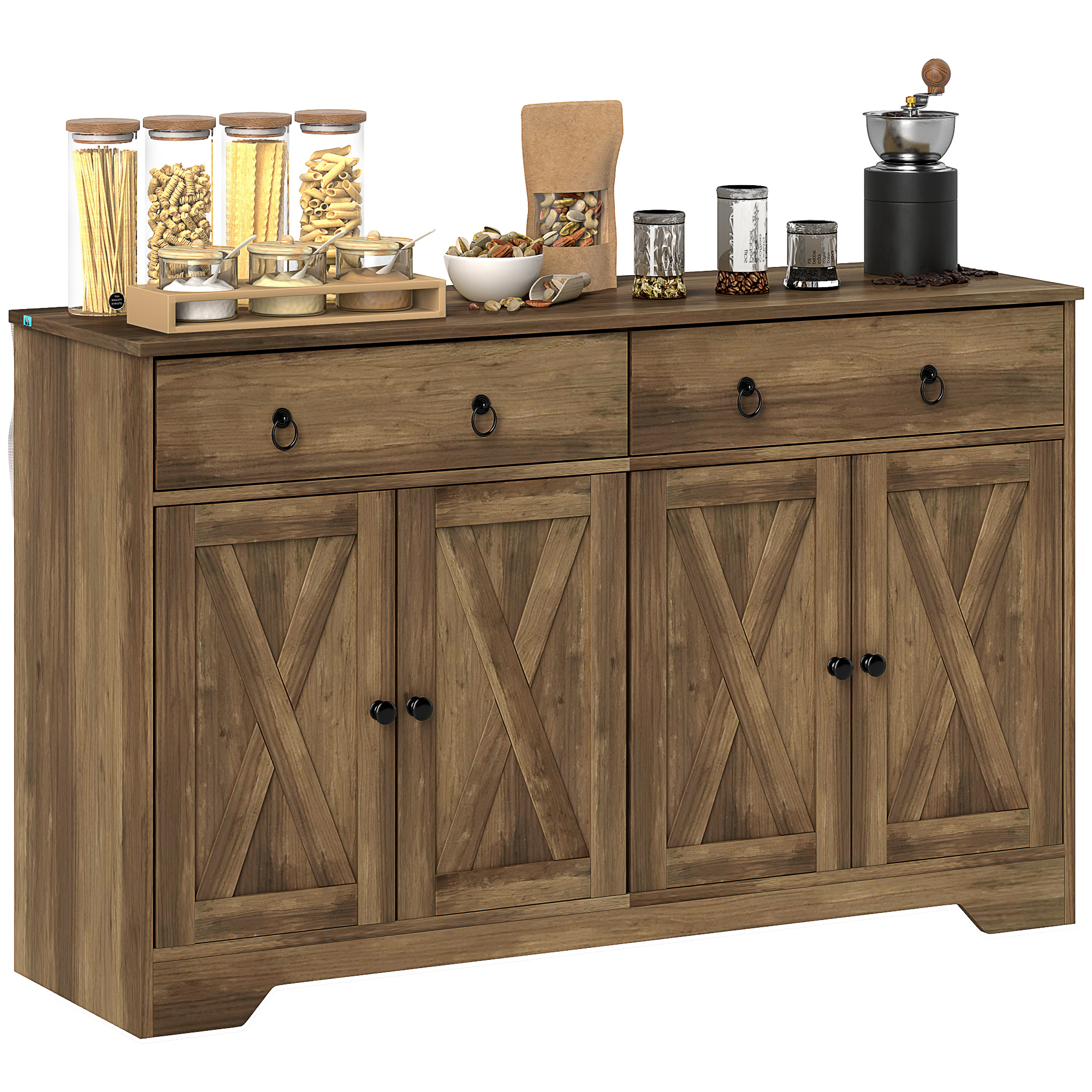 4 Barn Doors and 2 Adjustable-Height Shelves, Sideboard Organizer Unit with 2 Drawers, Buffet Surface for Living Room, Lightweight Brown 1