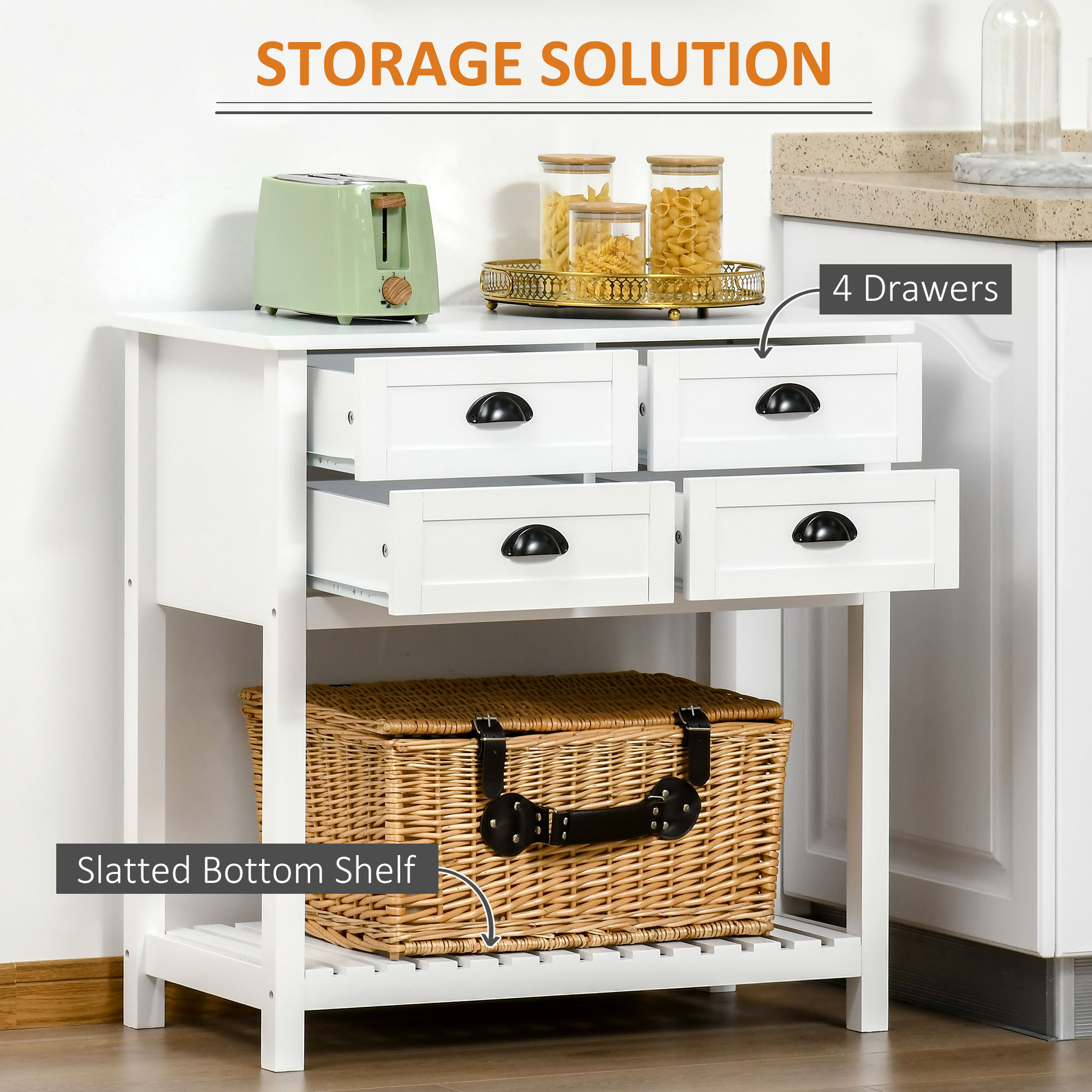 HOMCOM Sideboard Buffet Cabinet, Storage Serving Console Table with 4 Drawers and Slatted Bottom Shelf for Kitchen, Living Room, White 3