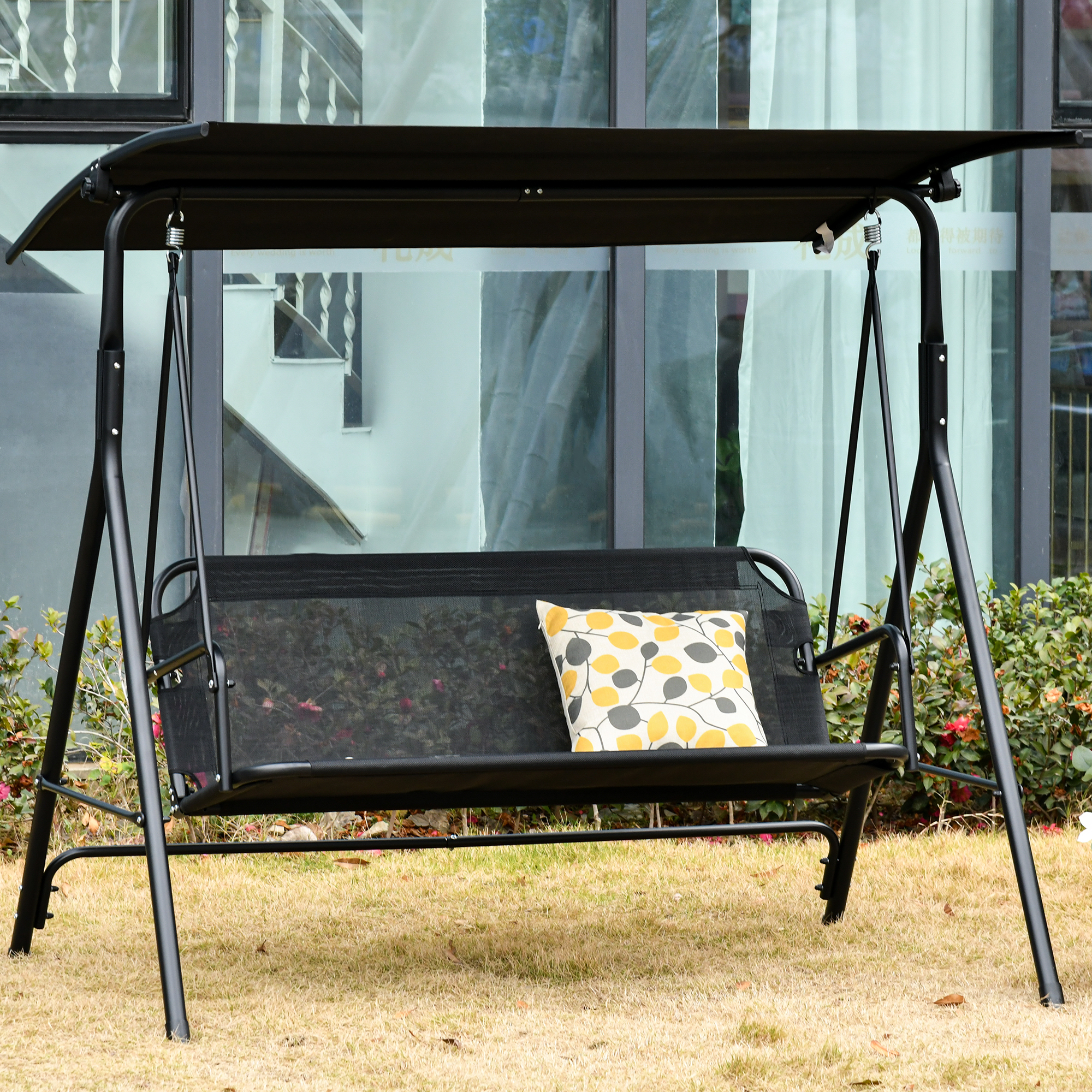 Outsunny 2 Person Porch Swing Chair 2 Seater Patio Swing Bench with Adjustable Canopy Breathable Seat for Garden Poolside Black Aosom Canada