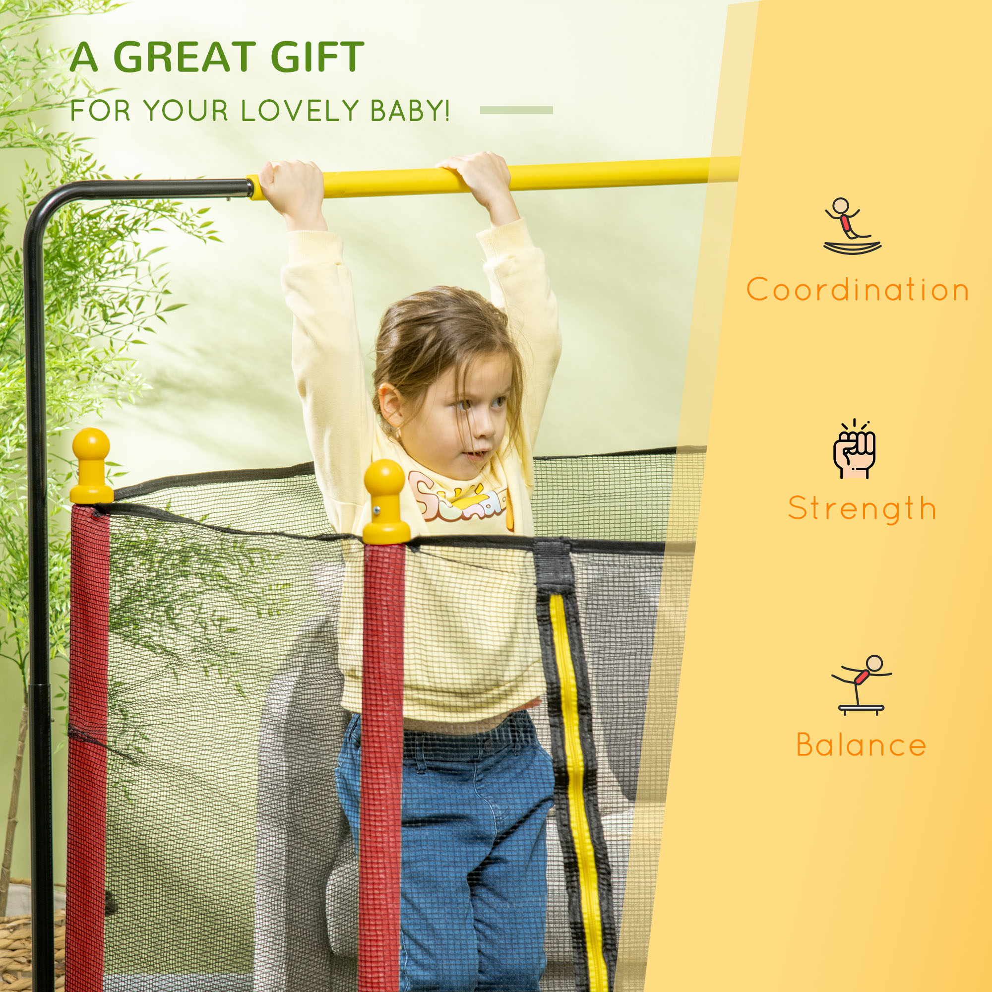 Qaba Kids Indoor Trampoline Combo with Safety Net Enclosure, Basketball Hoop, and Horizontal Bar, Red | Aosom.com 6