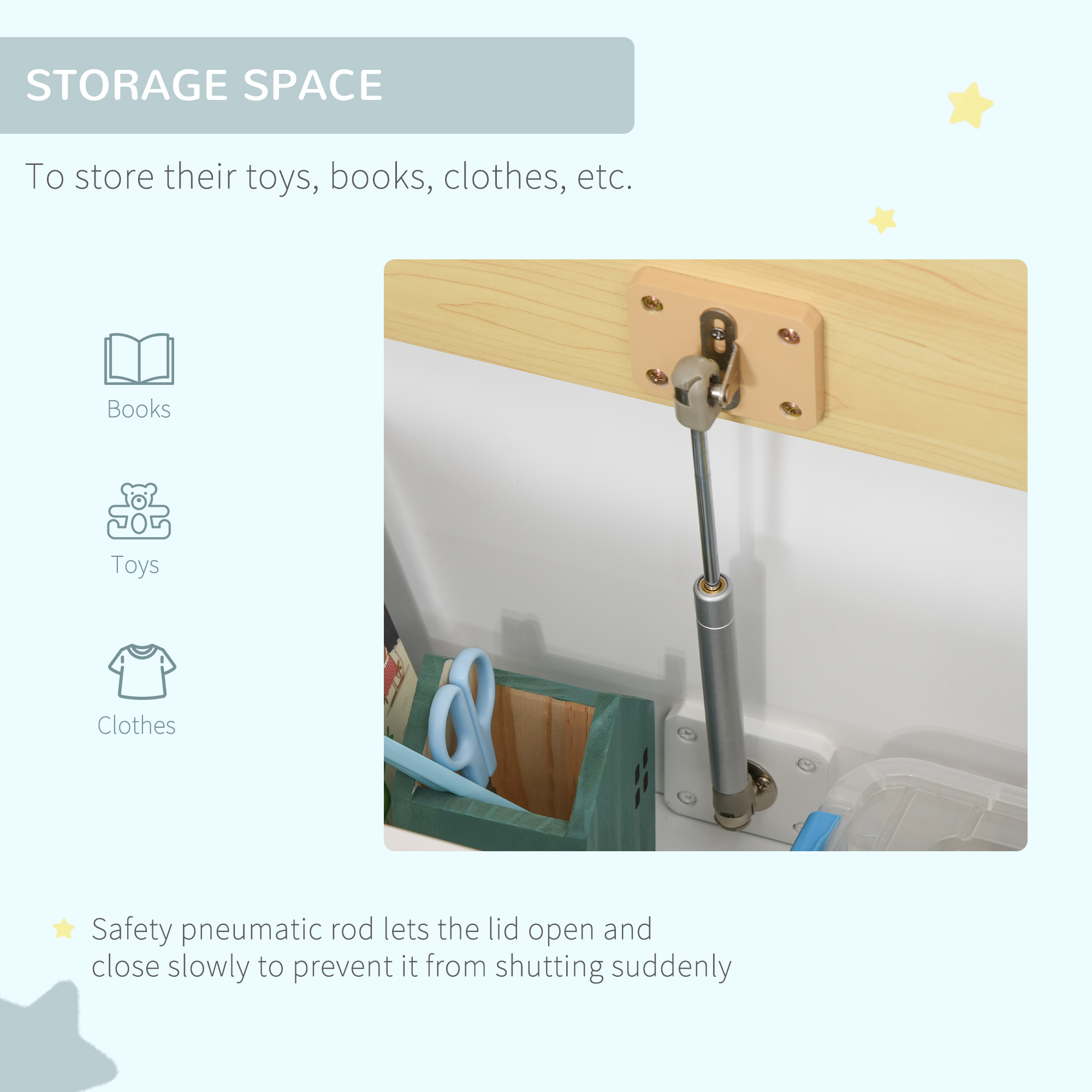 HOMCOM Wooden Toy Storage Box, Kids Organizer with Bench Seat, Safety Pneumatic Rod, Versatile Toy Chest for Playroom, White| Aosom.com 3