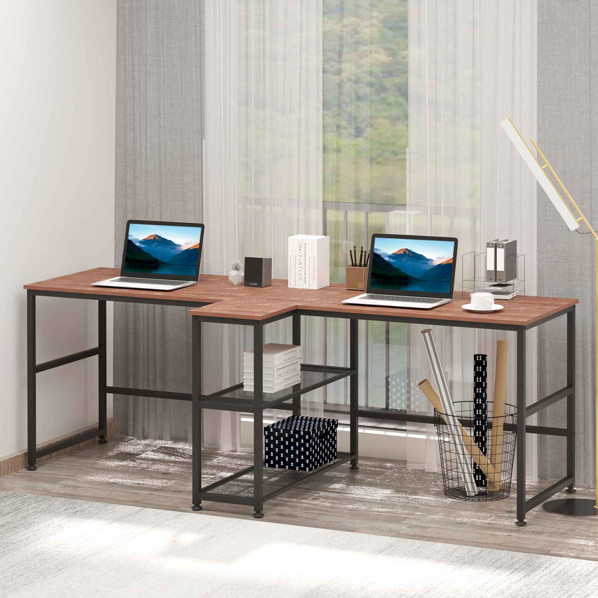 HOMCOM 83'' Two Person Desk with Storage Shelves, Computer Office ...