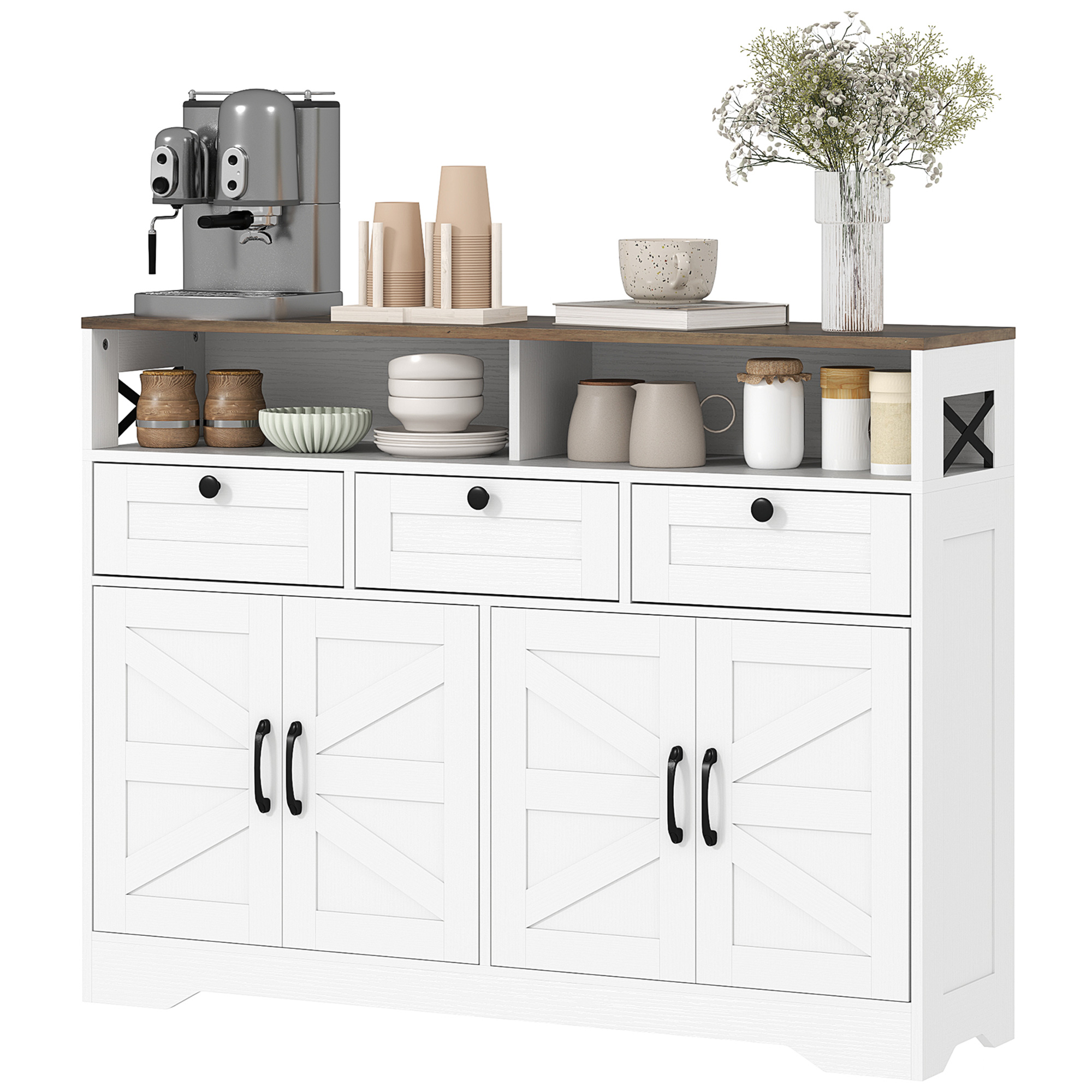 Buffet Organizer Unit with 4 Barn Doors and 3 Drawers, Sideboard, Coffee Bar Organizer Unit with Adjustable-Height Shelves, White 1
